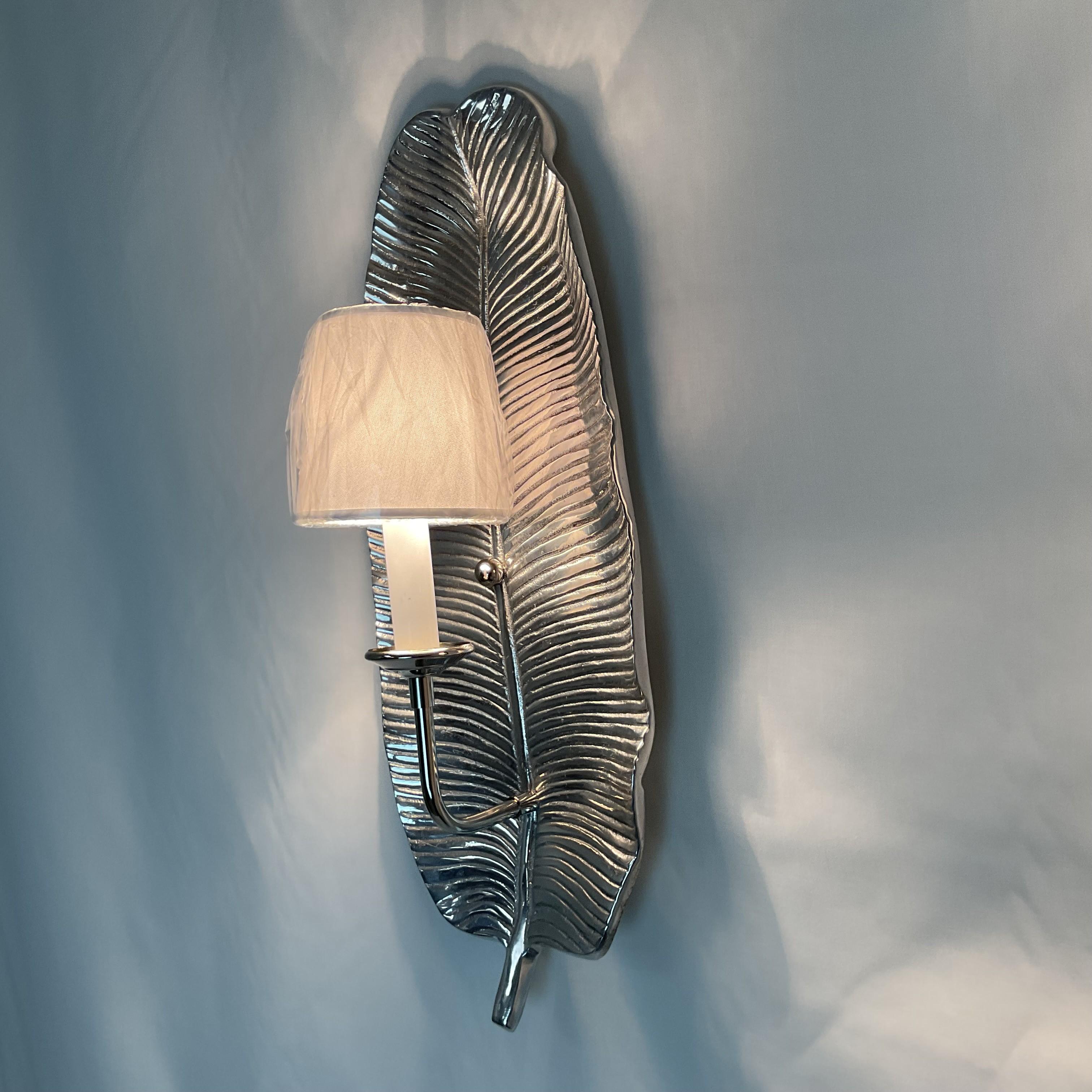 Contemporary Set of 2 Silver Leaf Wall Sconces-Modern Glam Lighting For Sale