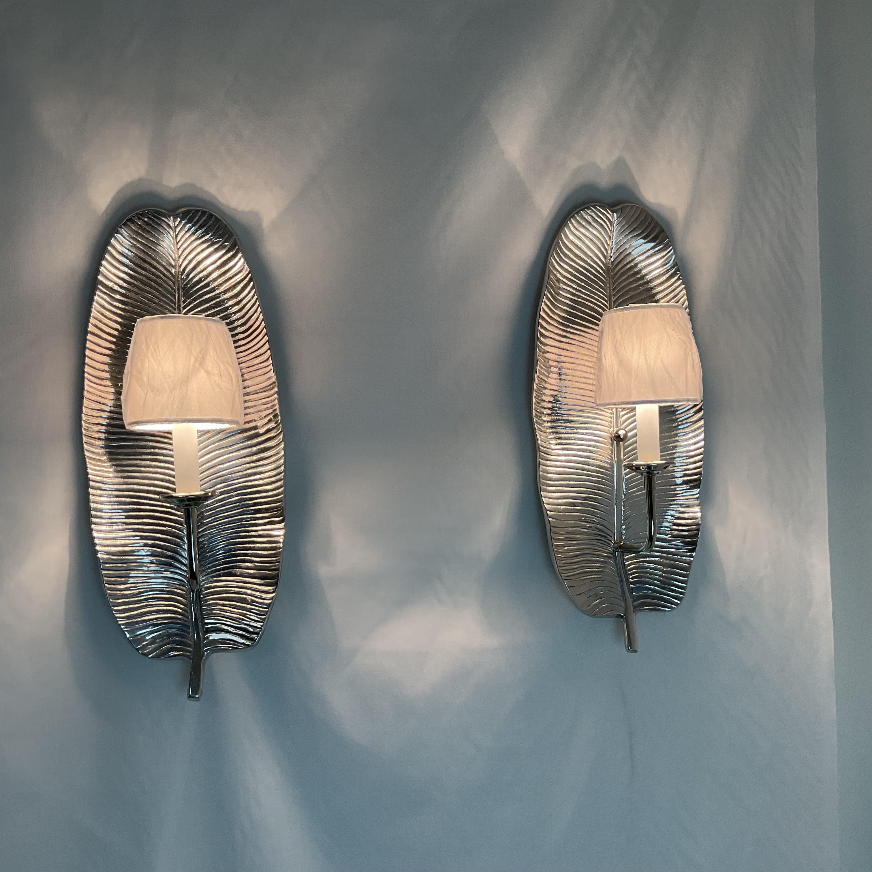Aluminum Set of 2 Silver Leaf Wall Sconces-Modern Glam Lighting For Sale