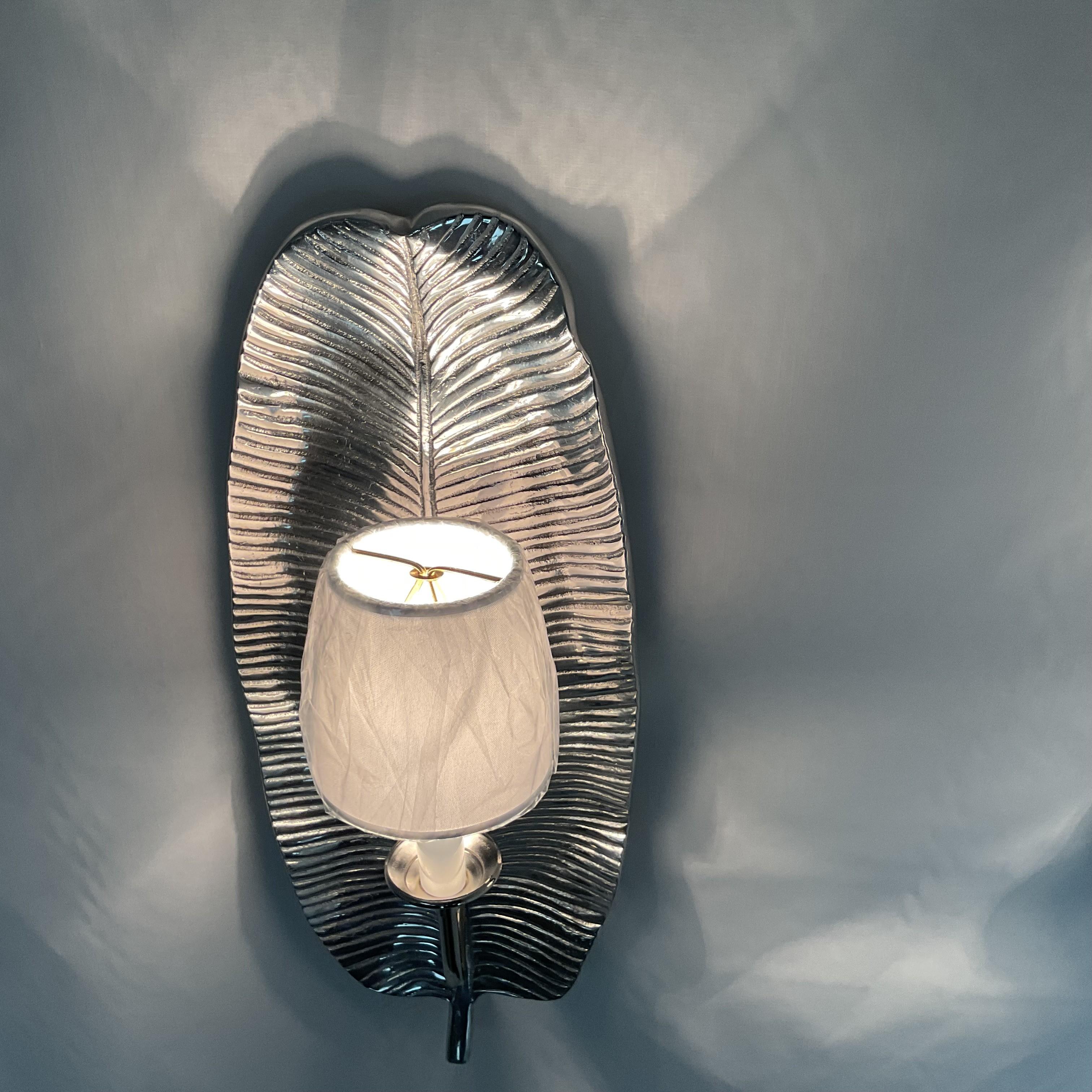 Set of 2 Silver Leaf Wall Sconces-Modern Glam Lighting For Sale 2