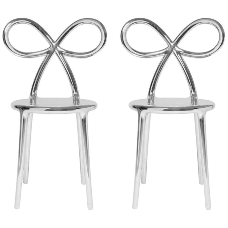 Set of 2 Silver Metallic Ribbon Chairs by Nika Zupanc, Made in Italy