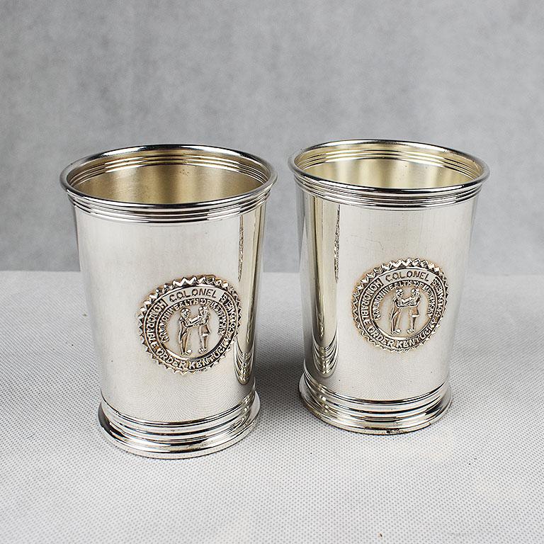 American Classical Set of 2 Silver Plate Engraved Kentucky Colonels Mint Julep Cups 1982, a Pair