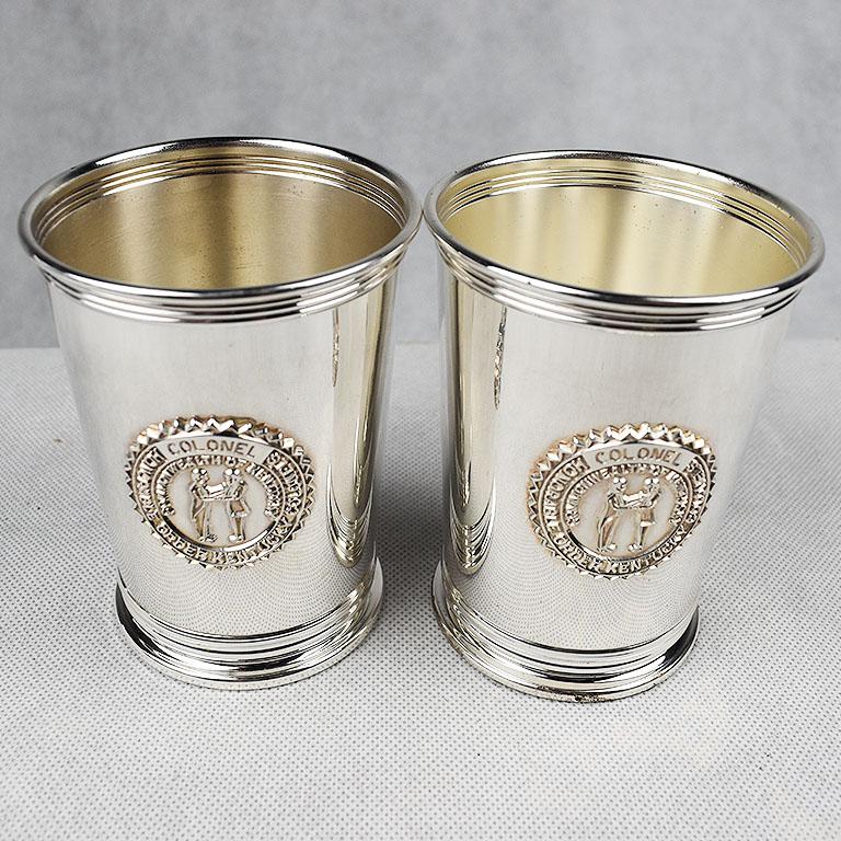 Set of 2 Silver Plate Engraved Kentucky Colonels Mint Julep Cups 1982, a Pair In Good Condition In Oklahoma City, OK