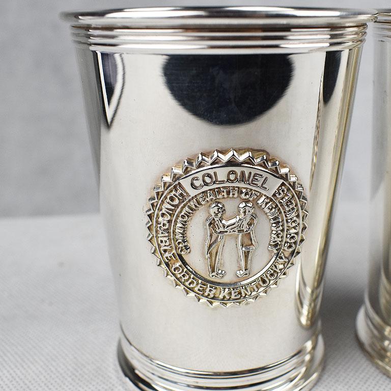 Late 20th Century Set of 2 Silver Plate Engraved Kentucky Colonels Mint Julep Cups 1982, a Pair