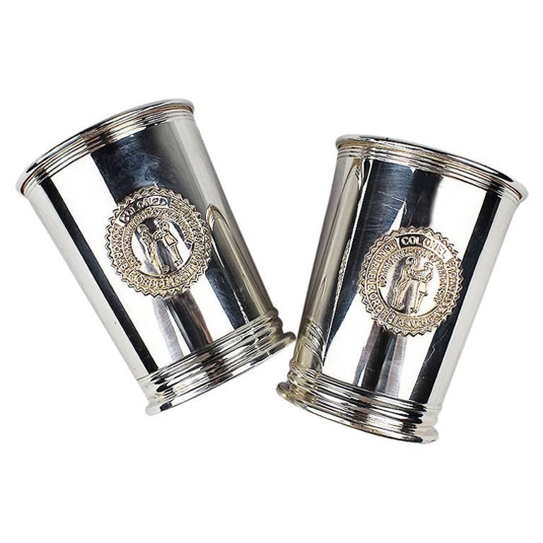 Set of 2 Silver Plate Engraved Kentucky Colonels Mint Julep Cups 1982, a Pair