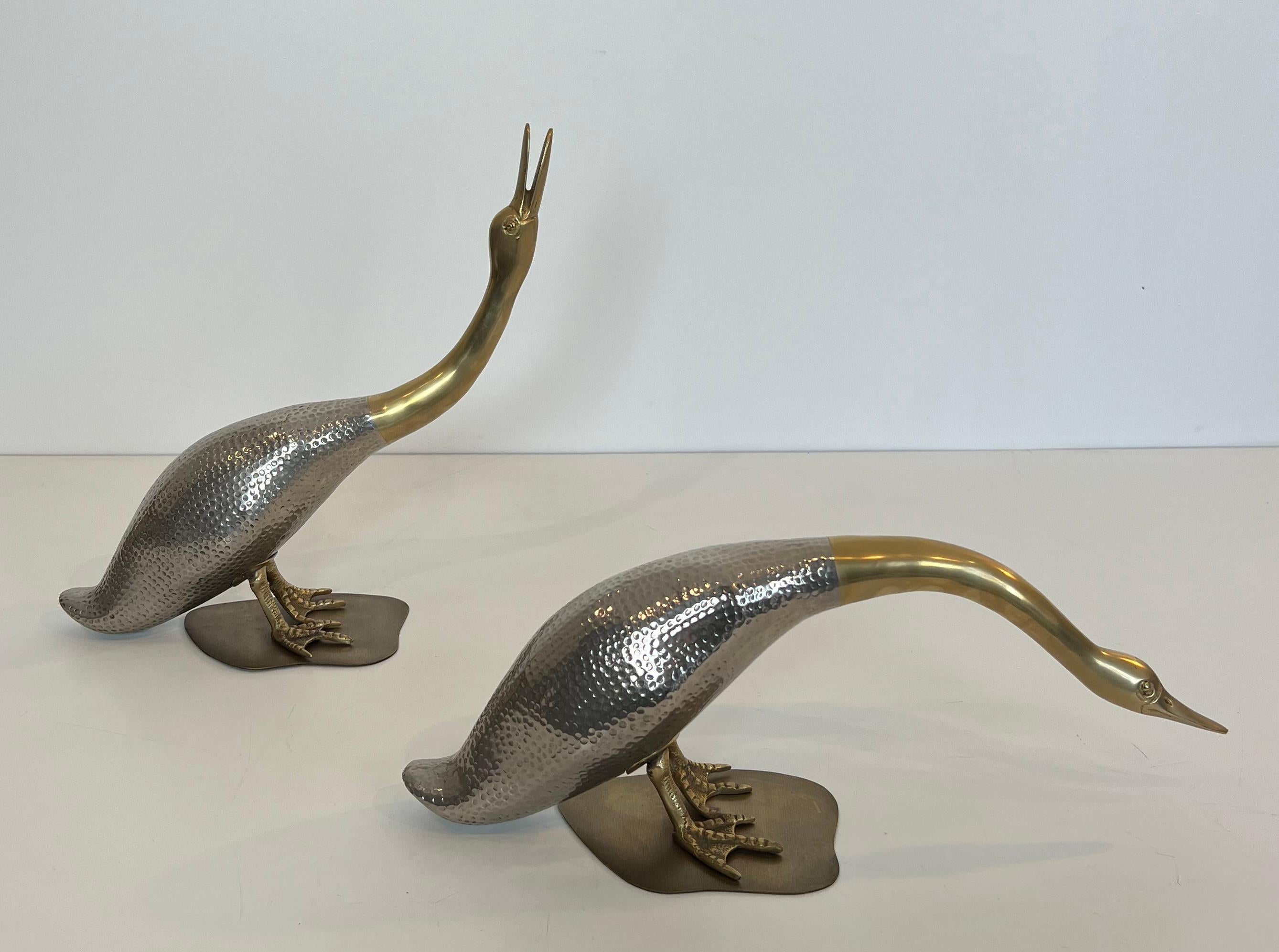 This very nice set of 2 ducks is made of silvered and brass. This is a French work. Circa 1970