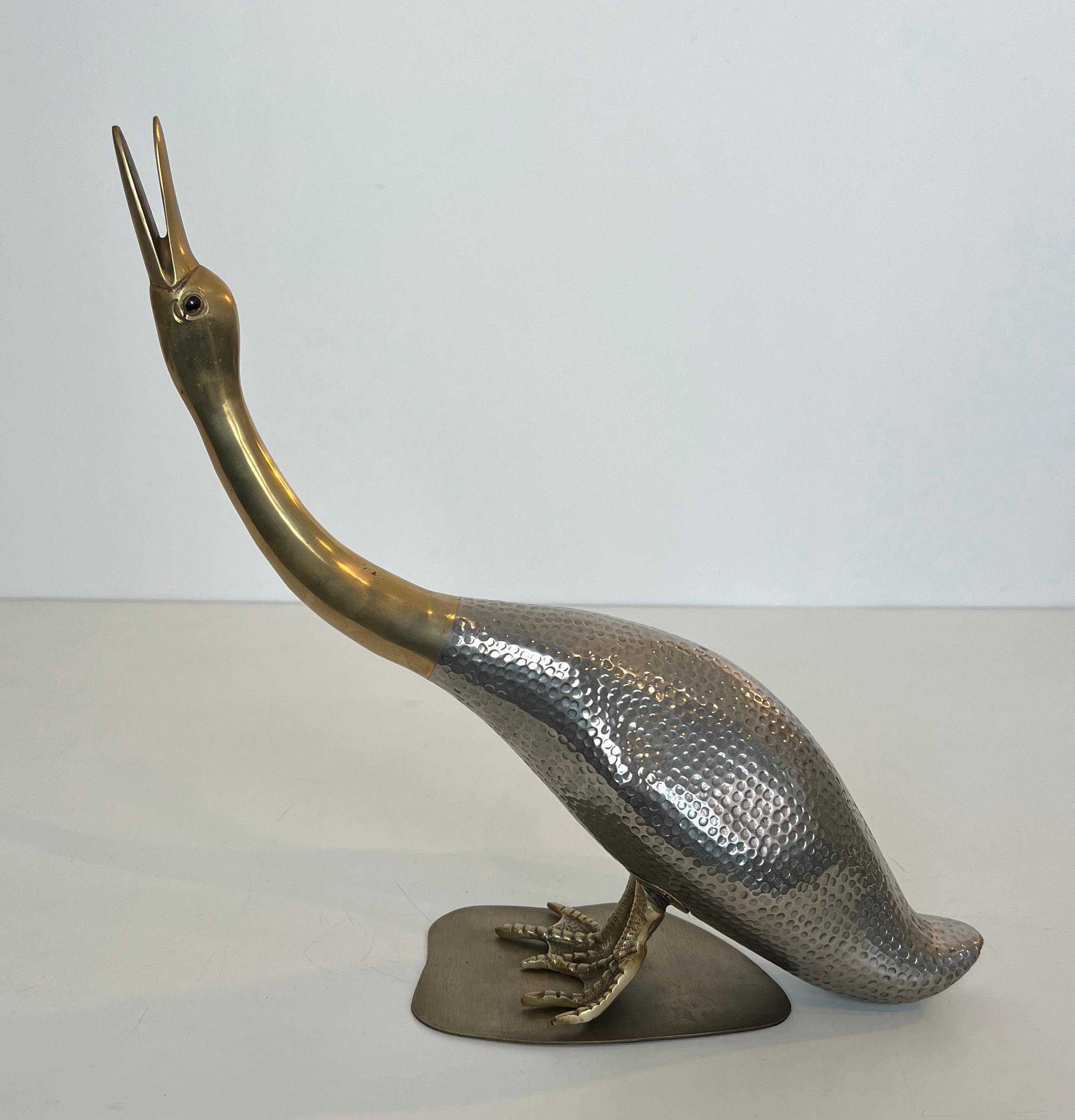 Late 20th Century Set of 2 Silvered and Brass Ducks For Sale