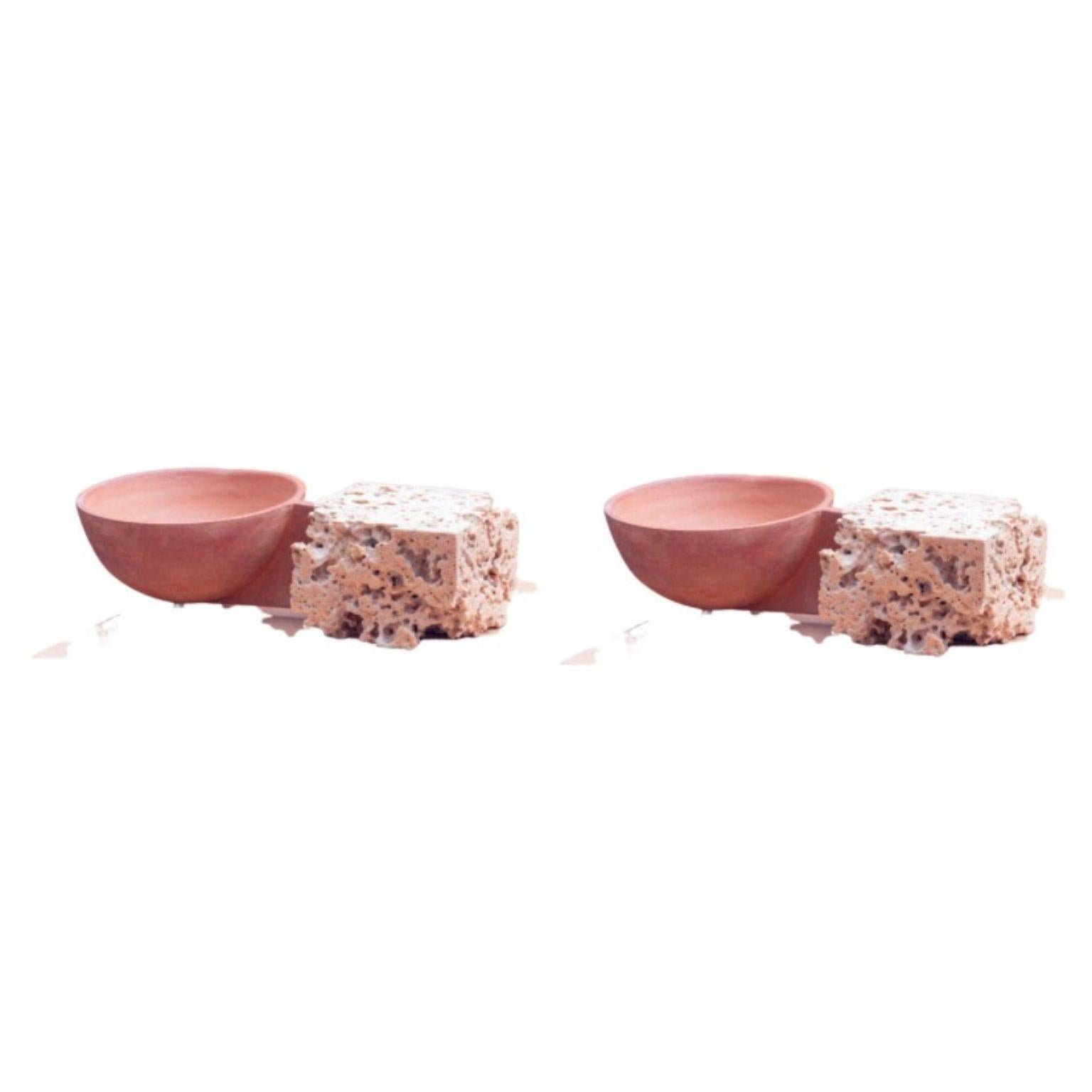 Set of 2 single bowls by Turbina
Dimensions: D 4.5 x W15.5 x H8 cm each
Materials: Cast Stone, Clay

The pieces are inspired by traditional pottery and made up intersecting earth and stone through fired clay and stone cast. The concept starts from