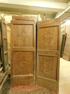 set of 2 Single wooden doors, rustic with carved panels, Italy