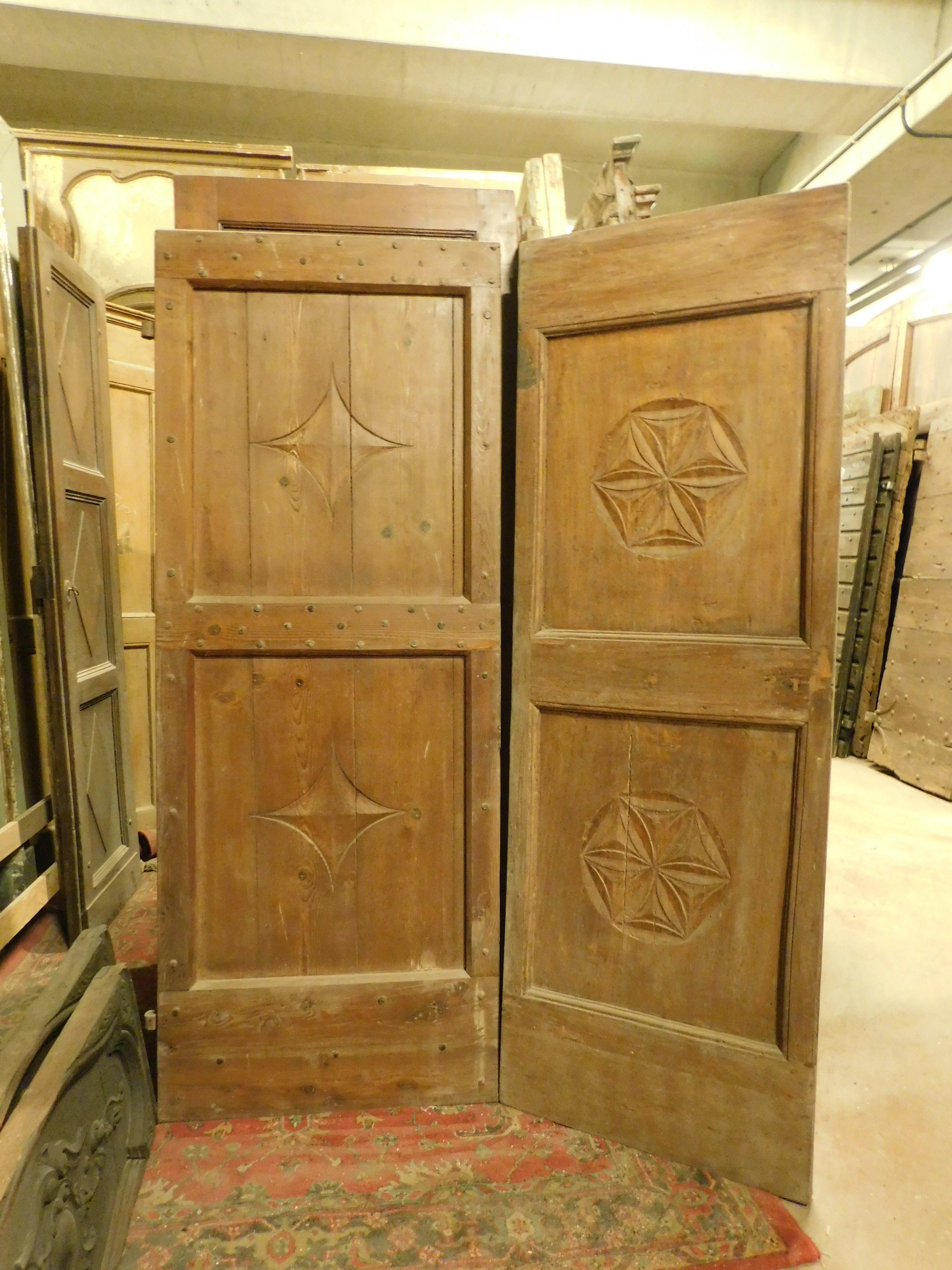Italian set of 2 Single wooden doors, rustic with carved panels, Italy For Sale