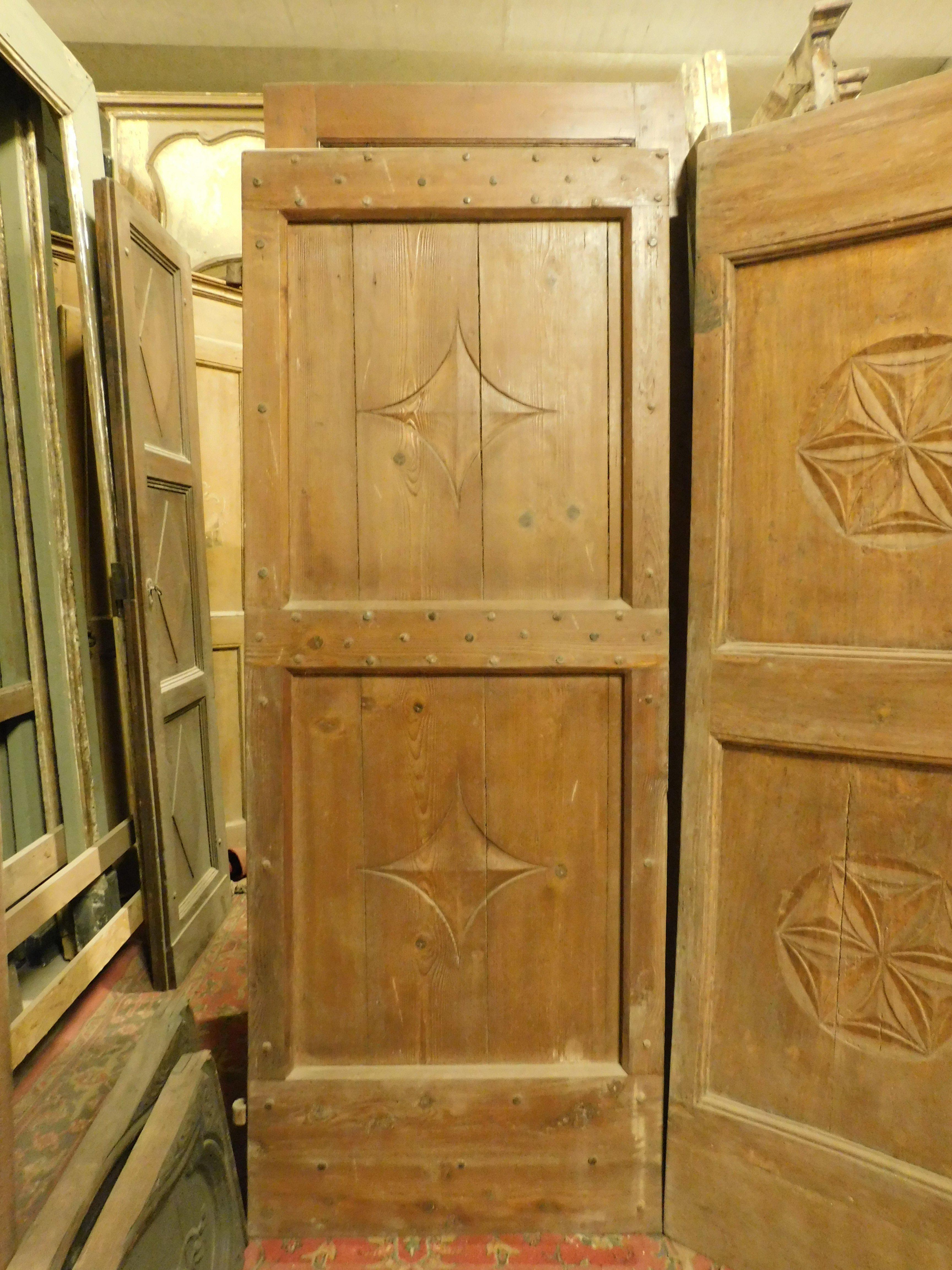 Hand-Carved set of 2 Single wooden doors, rustic with carved panels, Italy For Sale