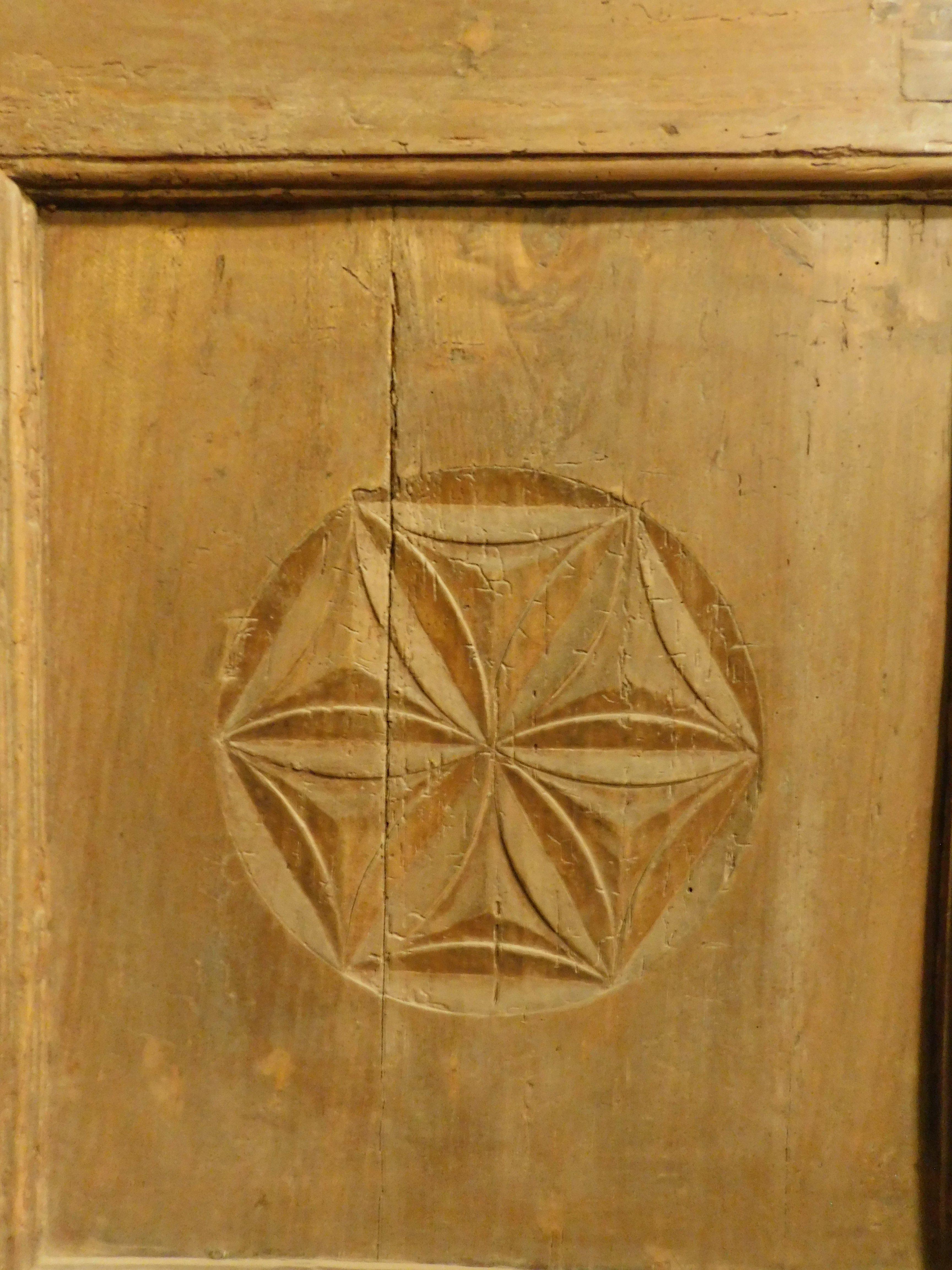 Pine set of 2 Single wooden doors, rustic with carved panels, Italy For Sale