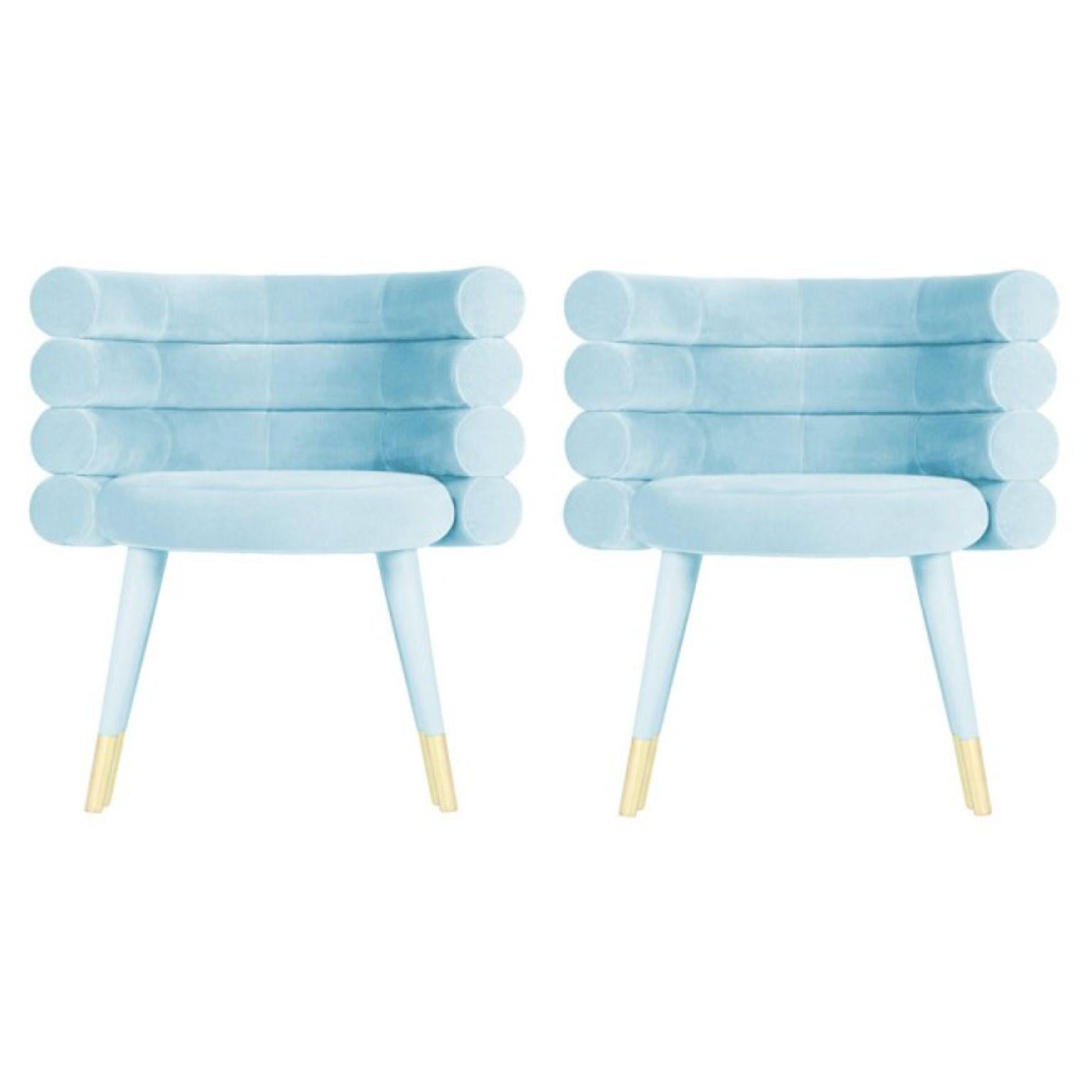 Set of 2 sky blue marshmallow dining chairs, Royal Stranger
Dimensions: 78 x 70 x 60 cm
Materials: Velvet upholstery and brass
Available in: Mint green, light pink, royal green and royal red

Royal Stranger is an exclusive furniture brand