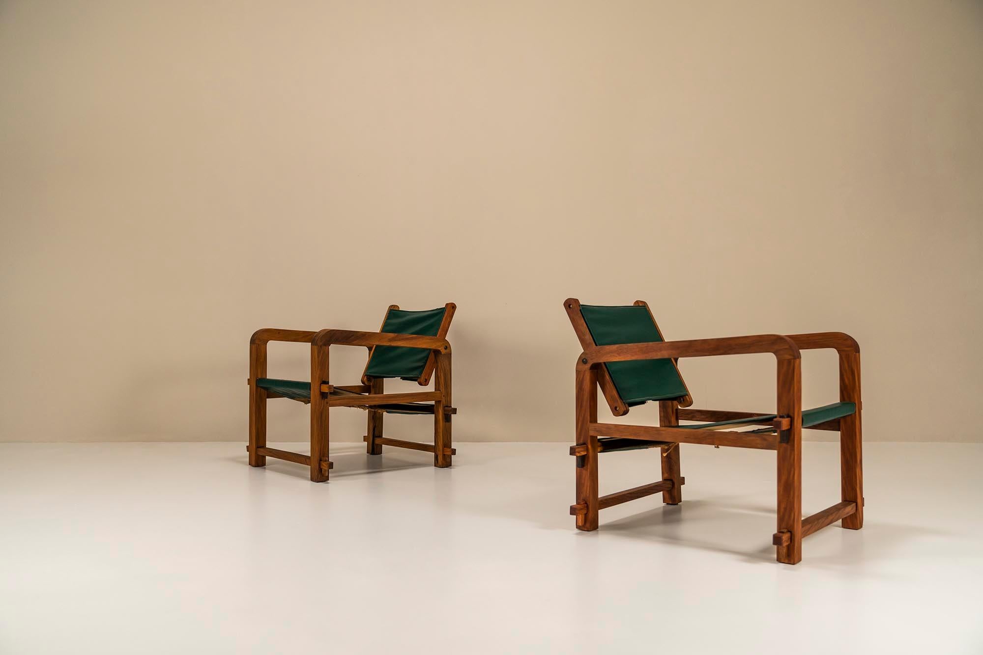 Brazilian Set Of 2 Sling Chairs In Mahogany And Leather, Brazil 1960s