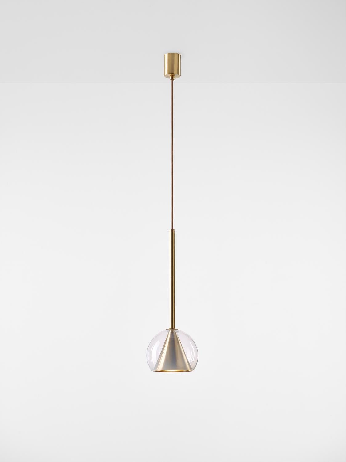 Set of 2 small alabaster white kono pendant lights by Dechem Studio
Dimensions: D 19 x H 52 cm
Materials: brass, glass.
Also available: different finishes and colours available,

This collection of suspended light fixtures combines the