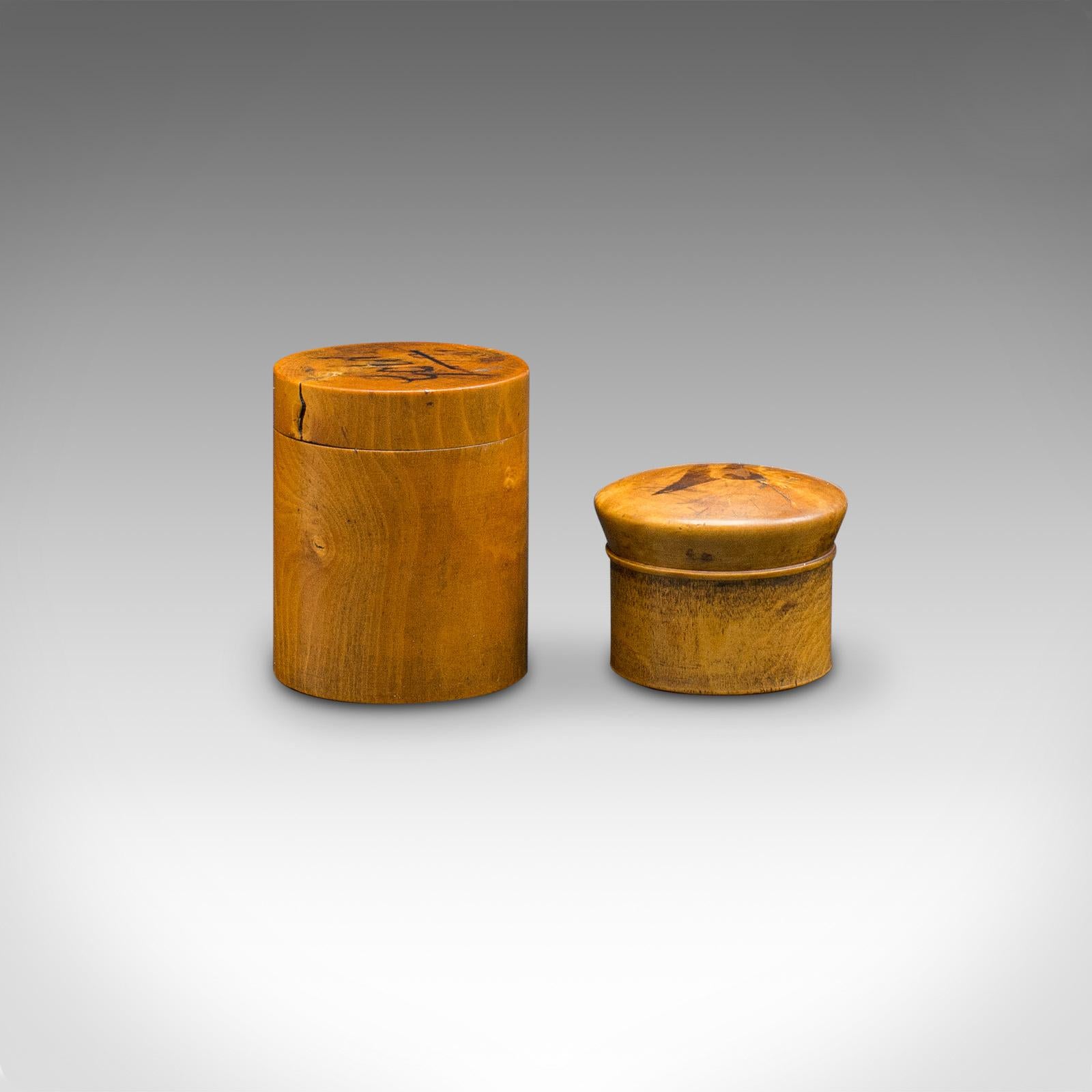This is a set of two small antique apothecary boxes. An English, yew wood miniature treen, dating to the mid Victorian period, circa 1860.

Charmingly petite countertop chemist's pots
Displaying a desirable aged patina and in good original