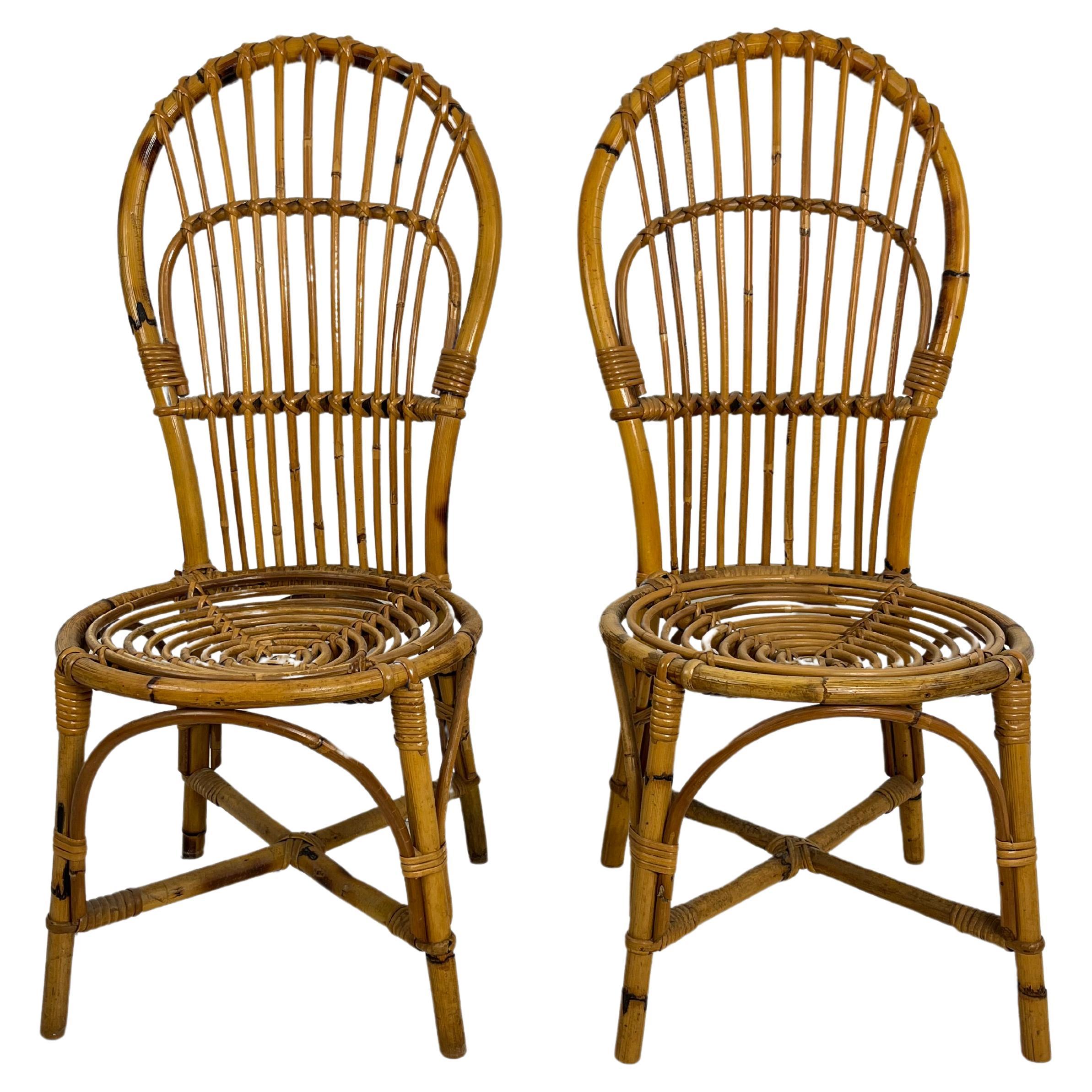 Satz von 2 kleinen Bambus-Stühlen aus der Mitte des Jahrhunderts, Italienisches Design 1950er Jahre im Angebot
