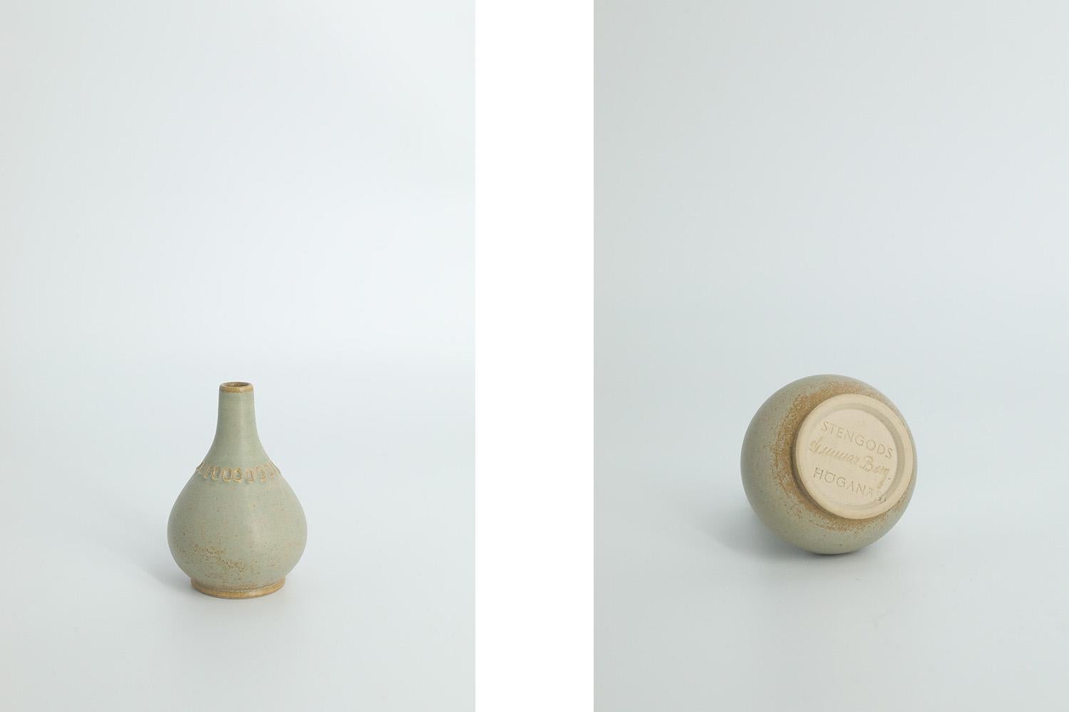 Mid-20th Century Set of 2 Small Mid-Century Swedish Modern Collectible Pistachio Stoneware Vases For Sale