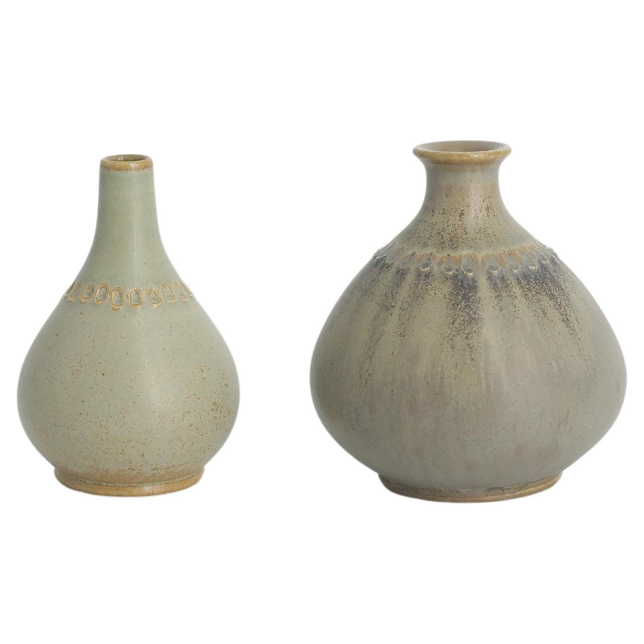 Set of 2 Small Mid-Century Swedish Modern Collectible Pistachio Stoneware Vases For Sale