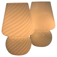 Set of 2 Small Murano Swirl Glass Table Lamps, Mushroom Style, Original 1980s
