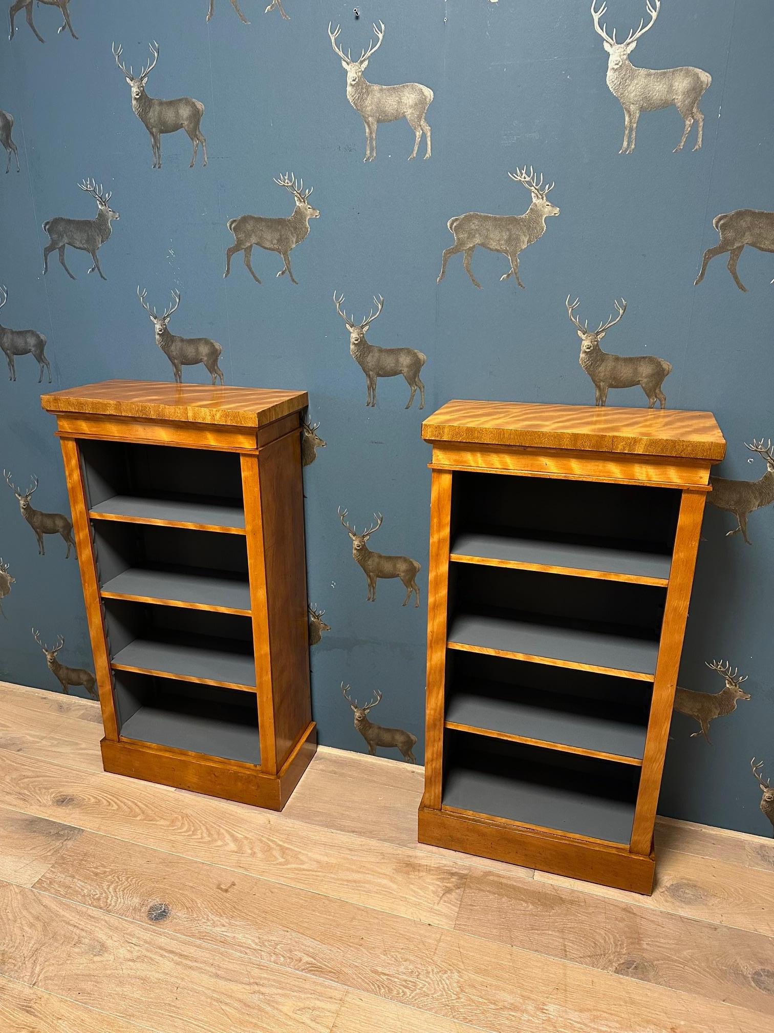 Beautiful set of two small open bookcases with adjustable shelves. The interior is blue/grey. The cabinets are made of satinwood, known for its warm, light color.

Origin: England
Period: Circa 1920
Dimensions: 55cm x 24cm x 104cm high