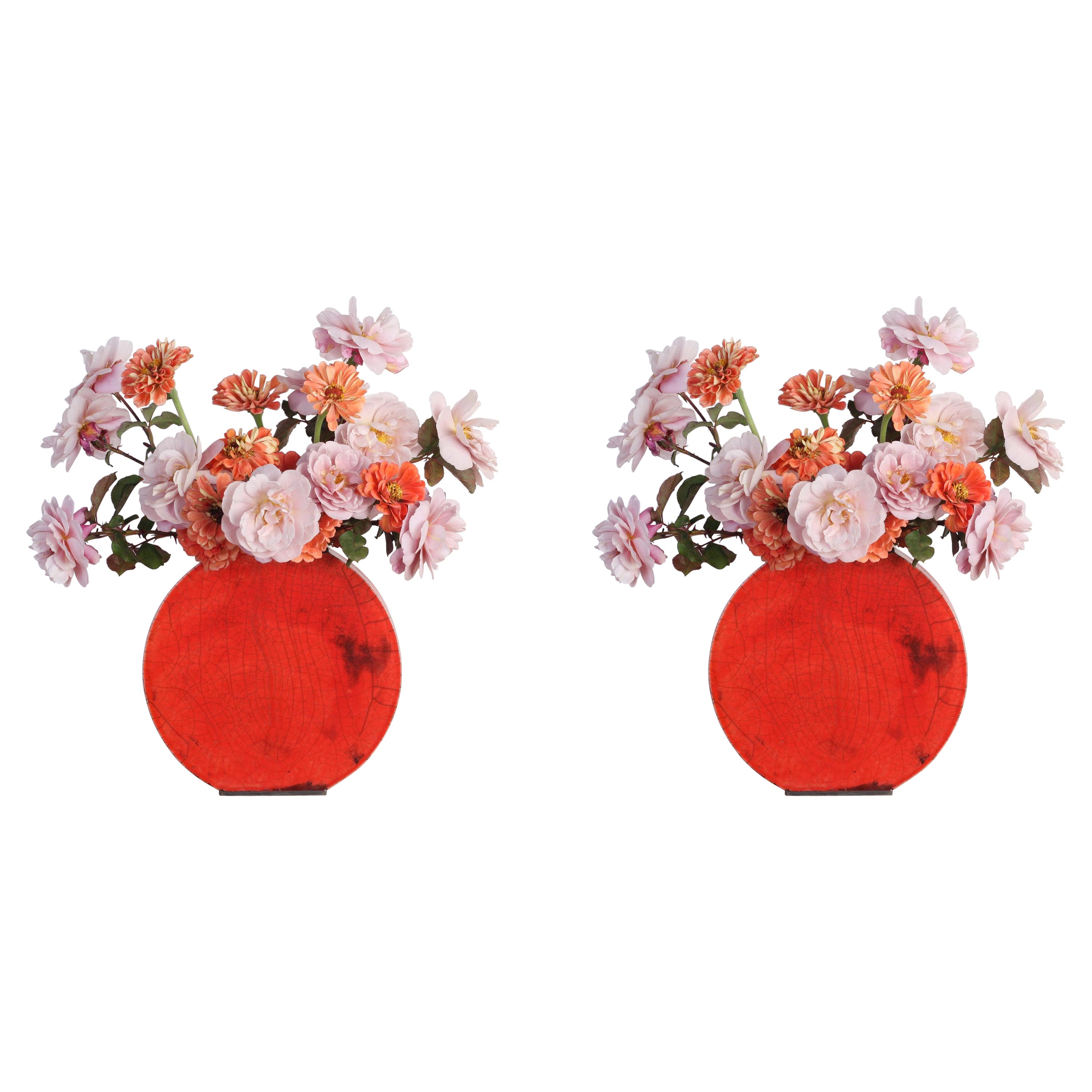 Set of 2 Small Red Orange Vases by Doa Ceramics