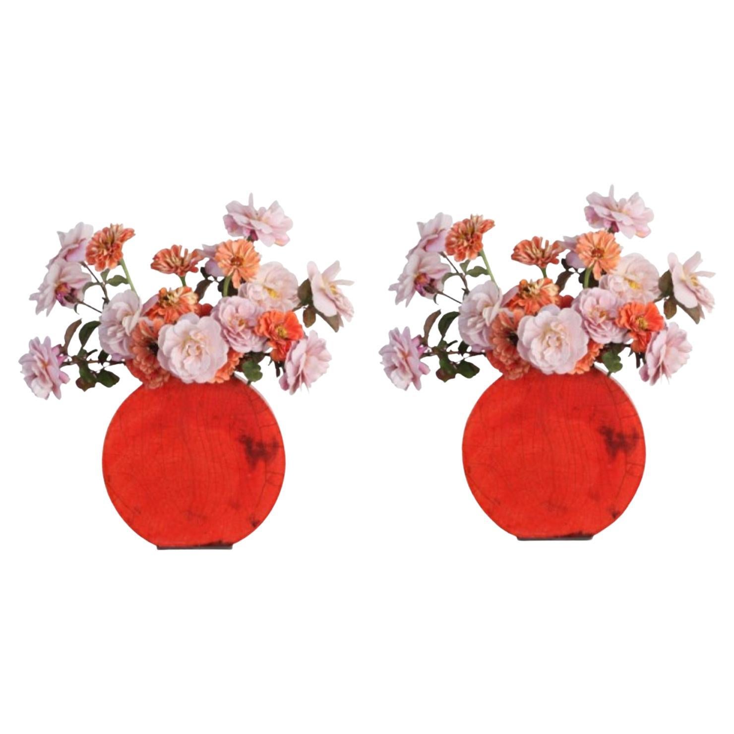 Set of 2 Small Red Orange Vases by Doa Ceramics