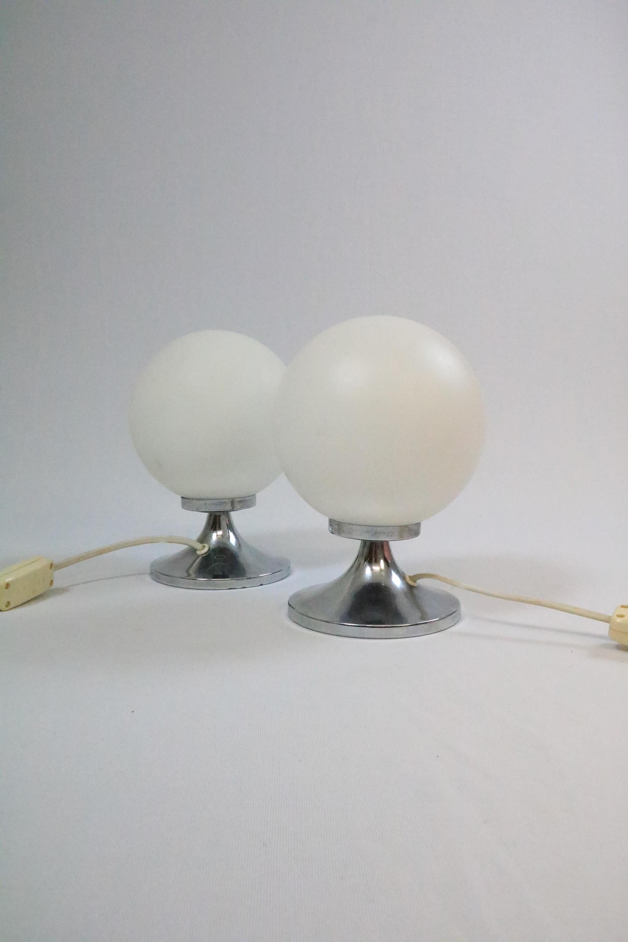 Mid-Century Modern Set of 2 Small Table Lamps, Glass Ball, Tulip Base, Original 1970s