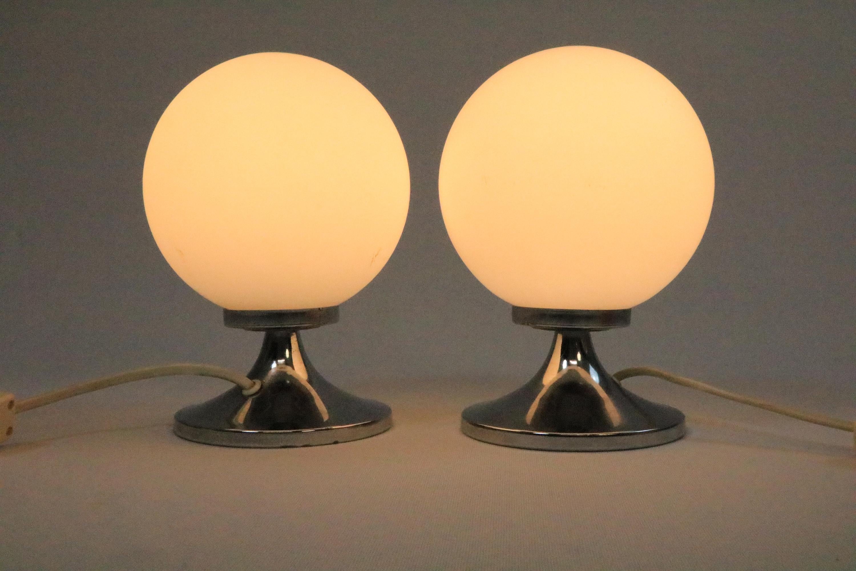 German Set of 2 Small Table Lamps, Glass Ball, Tulip Base, Original 1970s
