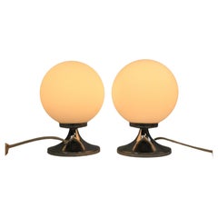 Retro Set of 2 Small Table Lamps, Glass Ball, Tulip Base, Original 1970s