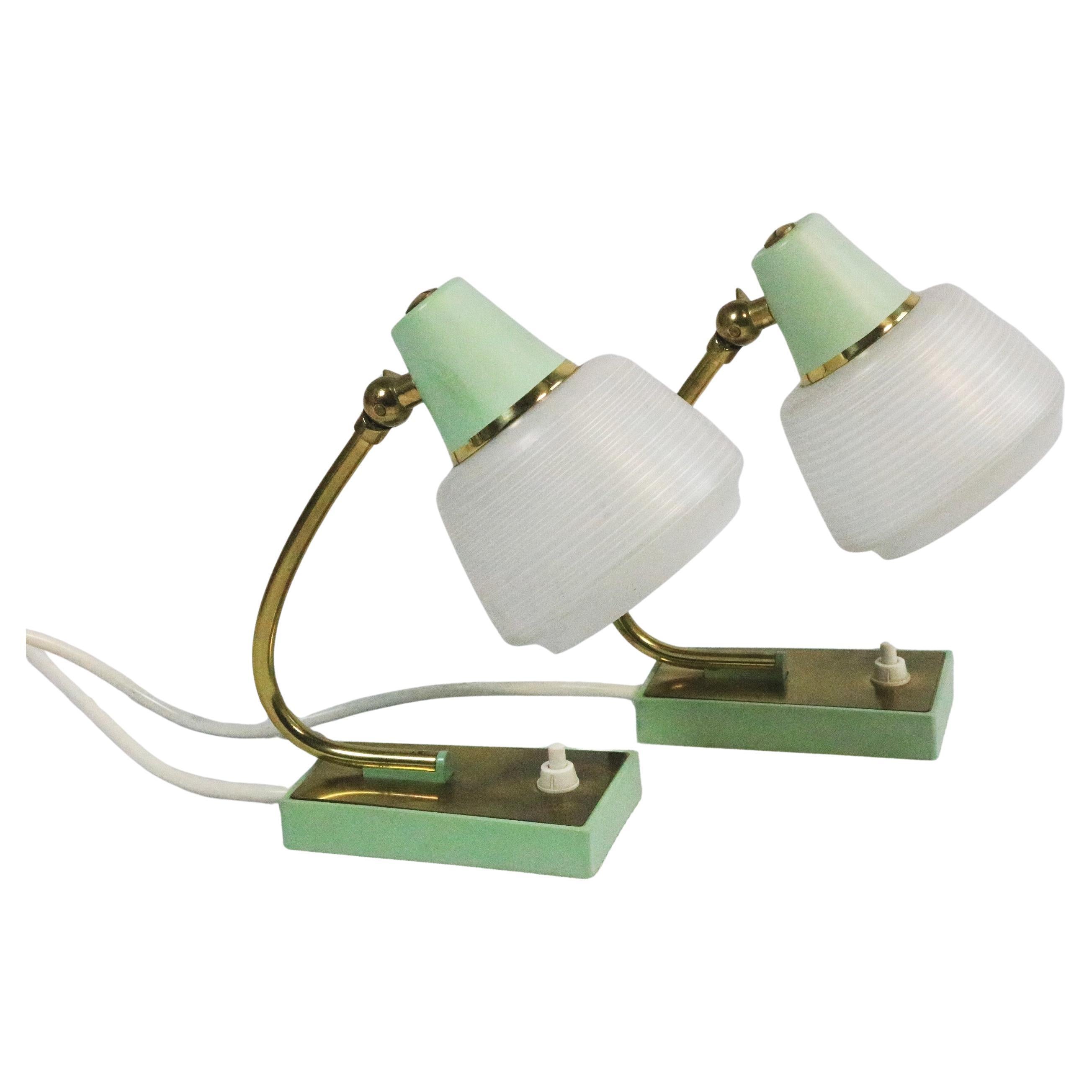 Ensemble de 2 petites lampes de bureau du milieu du siècle dernier, laiton/vert menthe, Allemagne