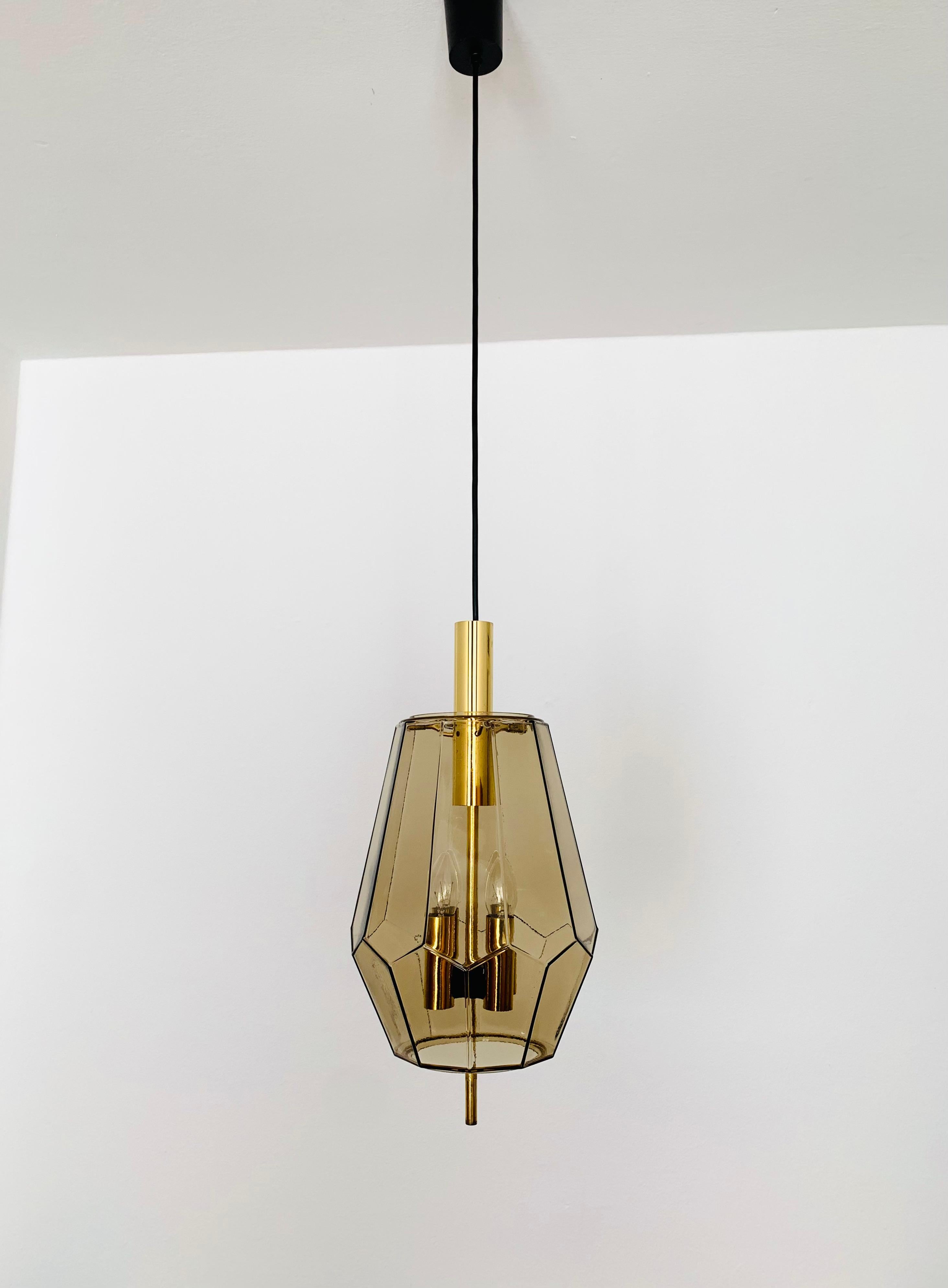 German Set of 2 Smoked Glass Pendant Lamps by Glashütte Limburg For Sale