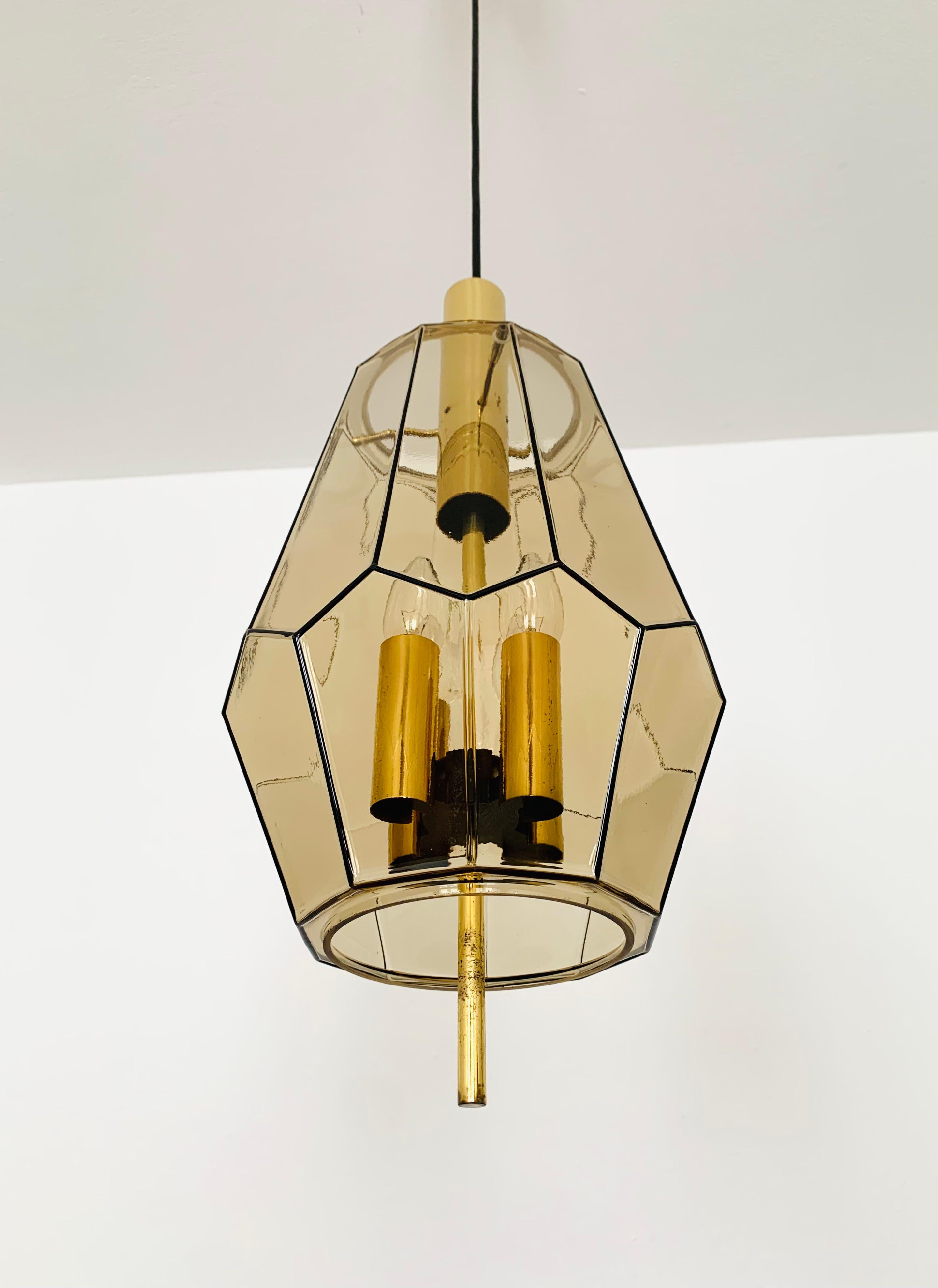 Mid-20th Century Set of 2 Smoked Glass Pendant Lamps by Glashütte Limburg For Sale