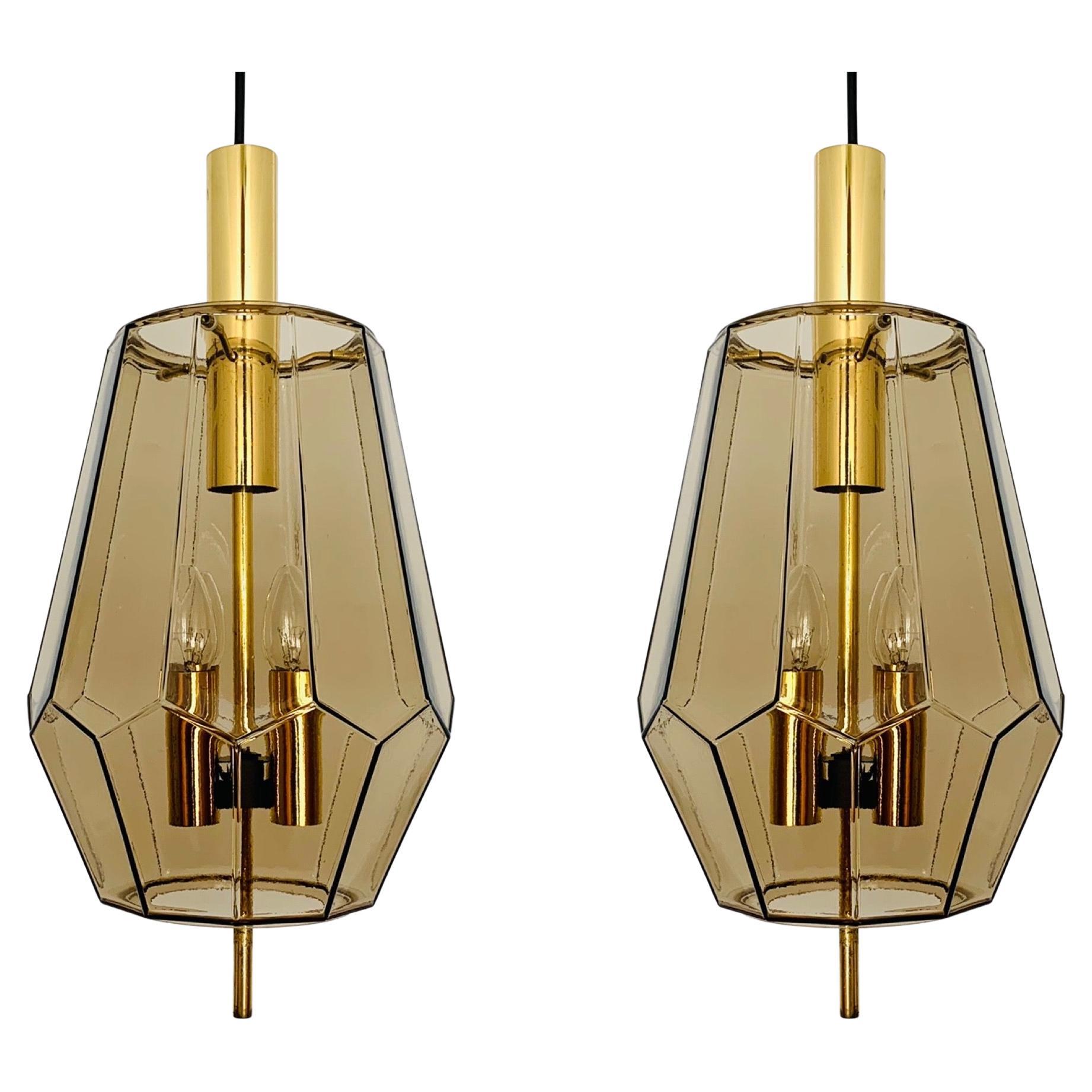 Set of 2 Smoked Glass Pendant Lamps by Glashütte Limburg