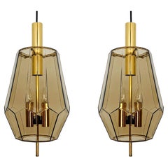 Set of 2 Smoked Glass Pendant Lamps by Glashütte Limburg