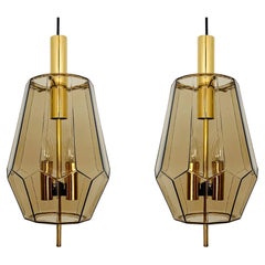 Set of 2 Smoked Glass Pendant Lamps by Glashütte Limburg