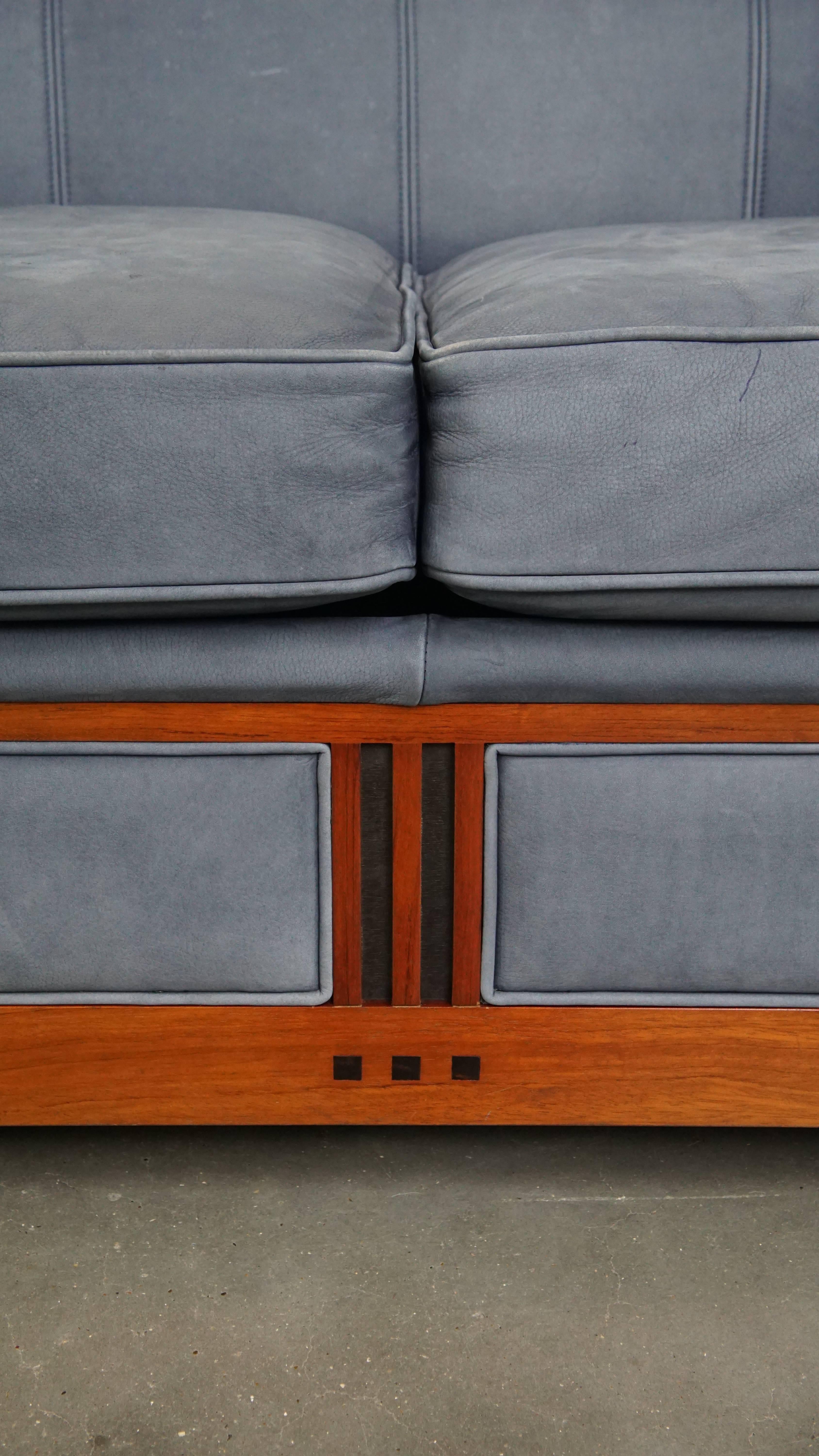 Ensemble de 2 canapés en cuir nubuck bleu en vente 3