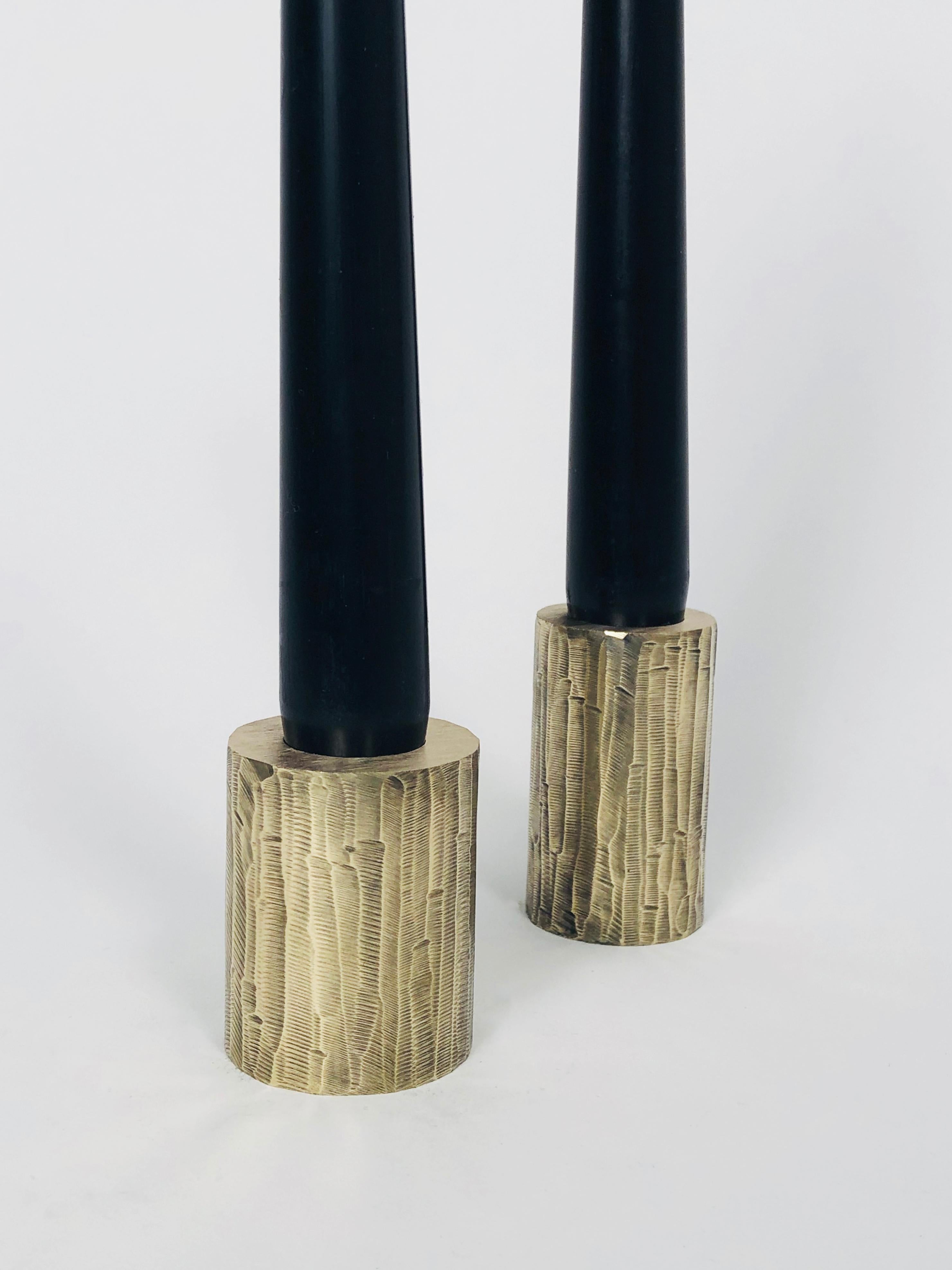 Post-Modern Set of 2 Solid Brass Sculpted Candleholders by William Guillon