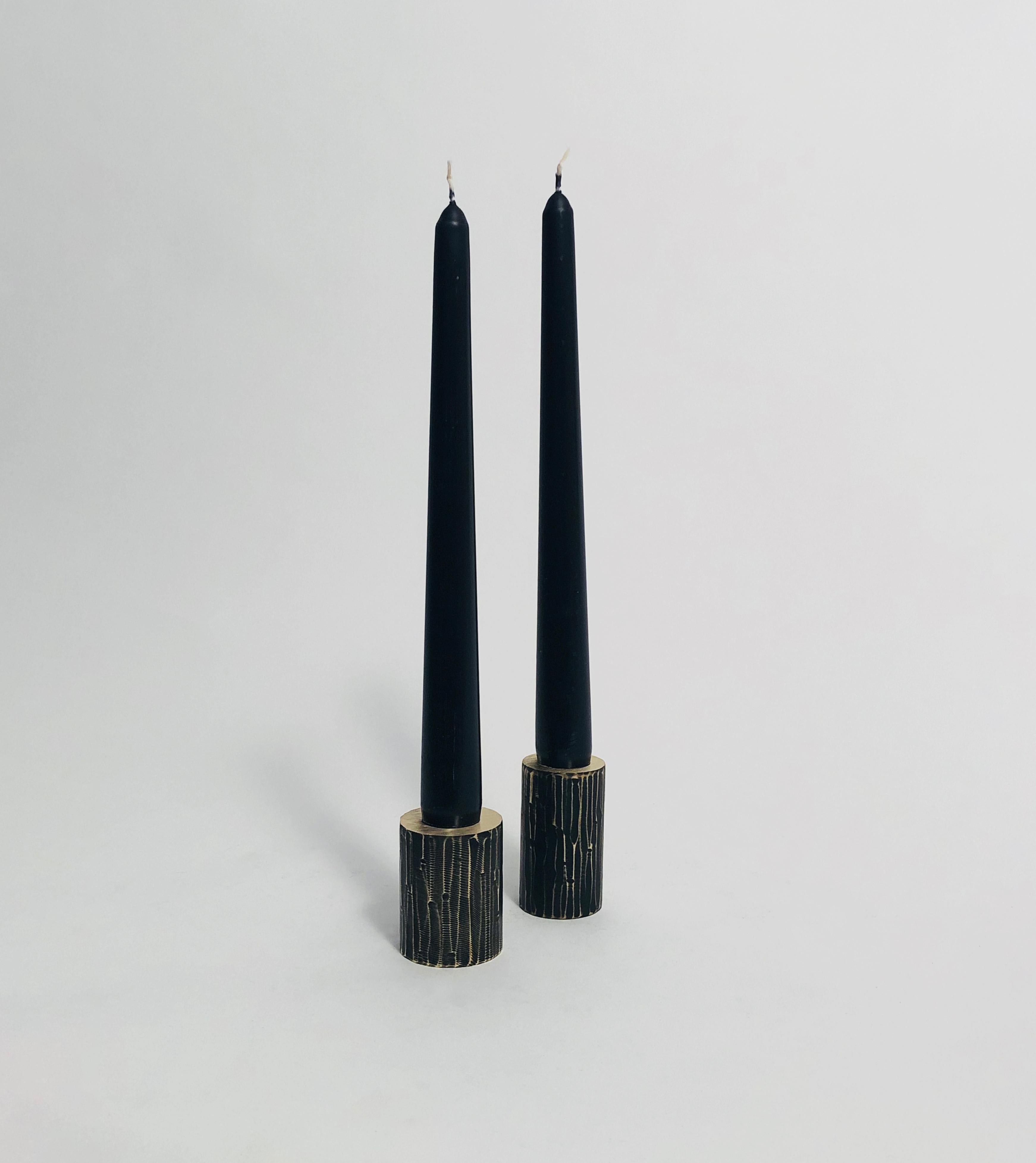 Set of 2 Solid Brass Sculpted Candleholders by William Guillon 2