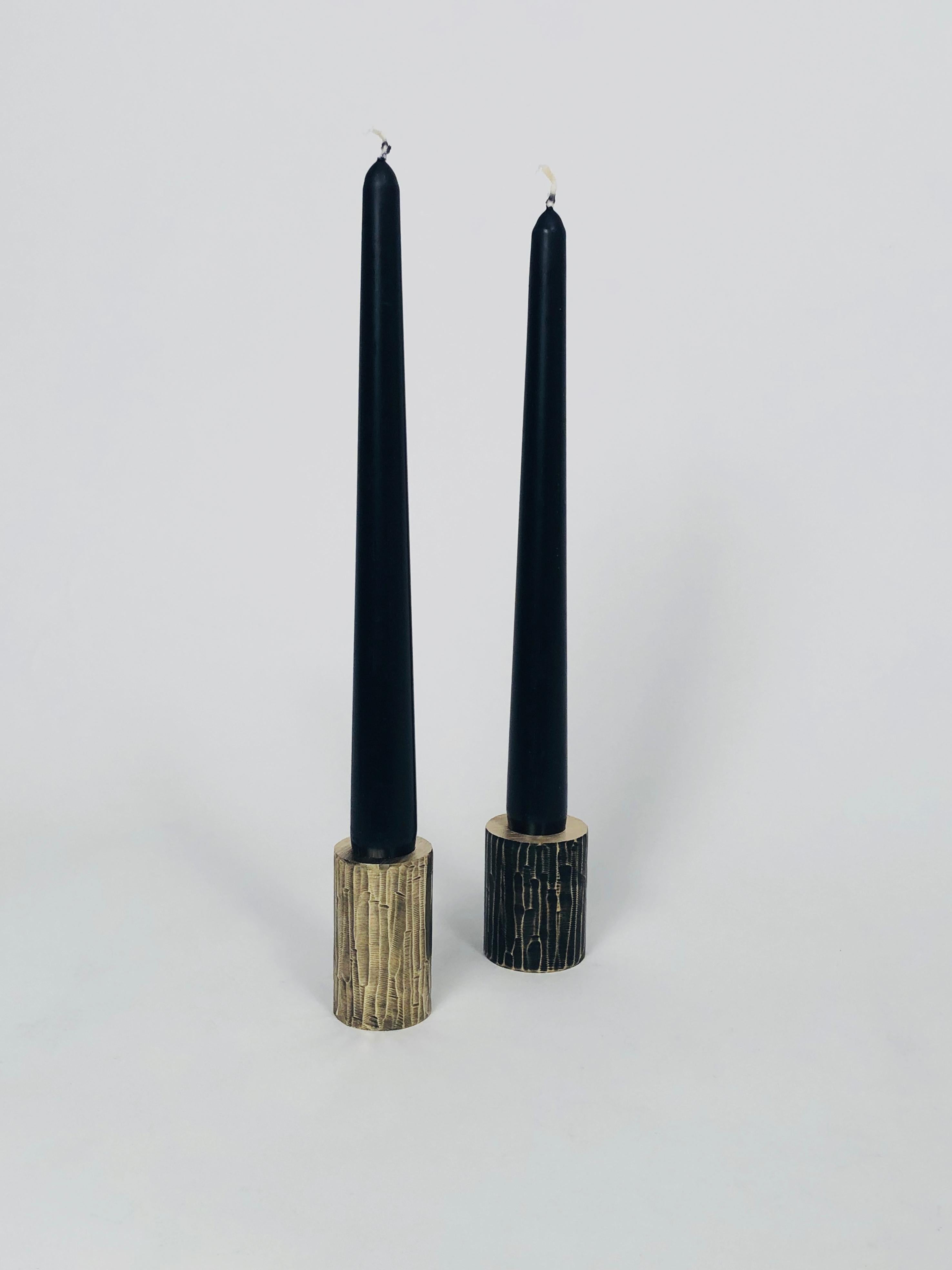 Set of 2 Solid Brass Sculpted Candleholders by William Guillon 4
