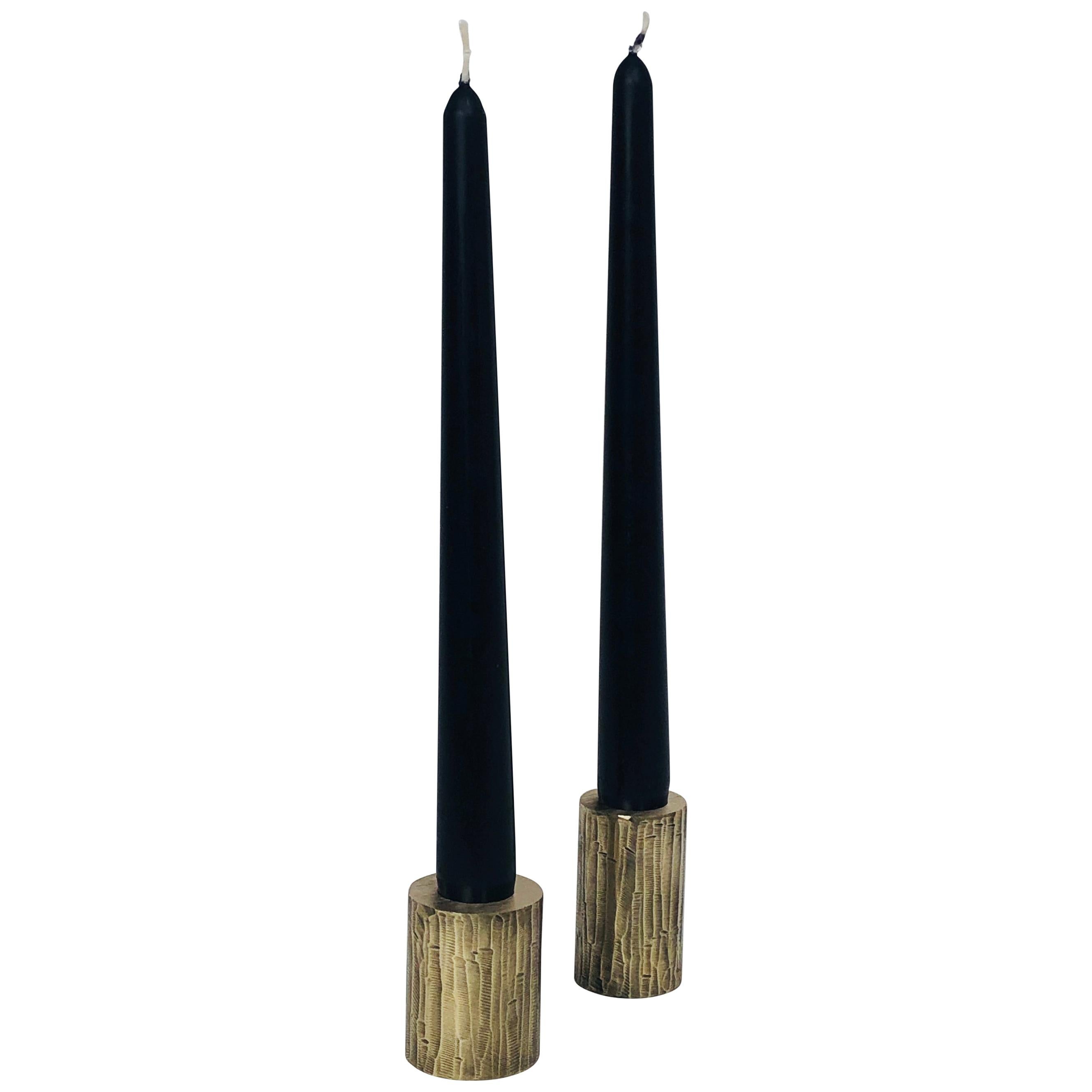 Set of 2 Solid Brass Sculpted Candleholders by William Guillon