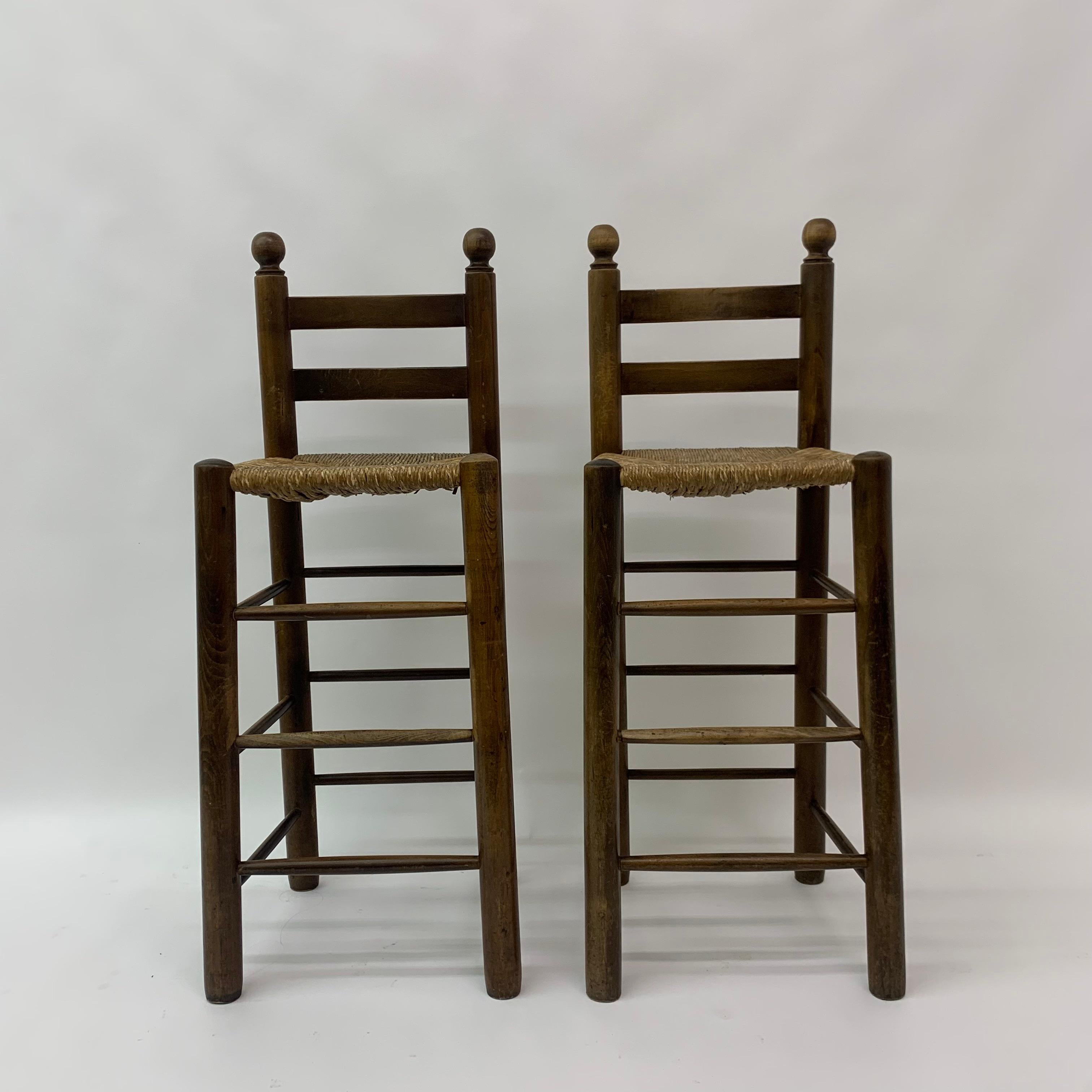 Set of 2 solid wooden bar stools, 1970’s.