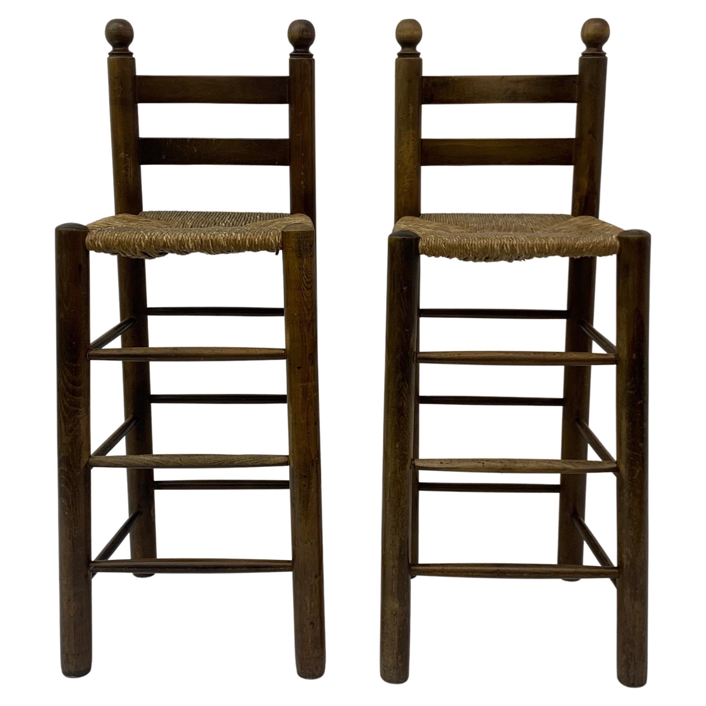 Set of 2 Solid Wooden Bar Stools, 1970’s