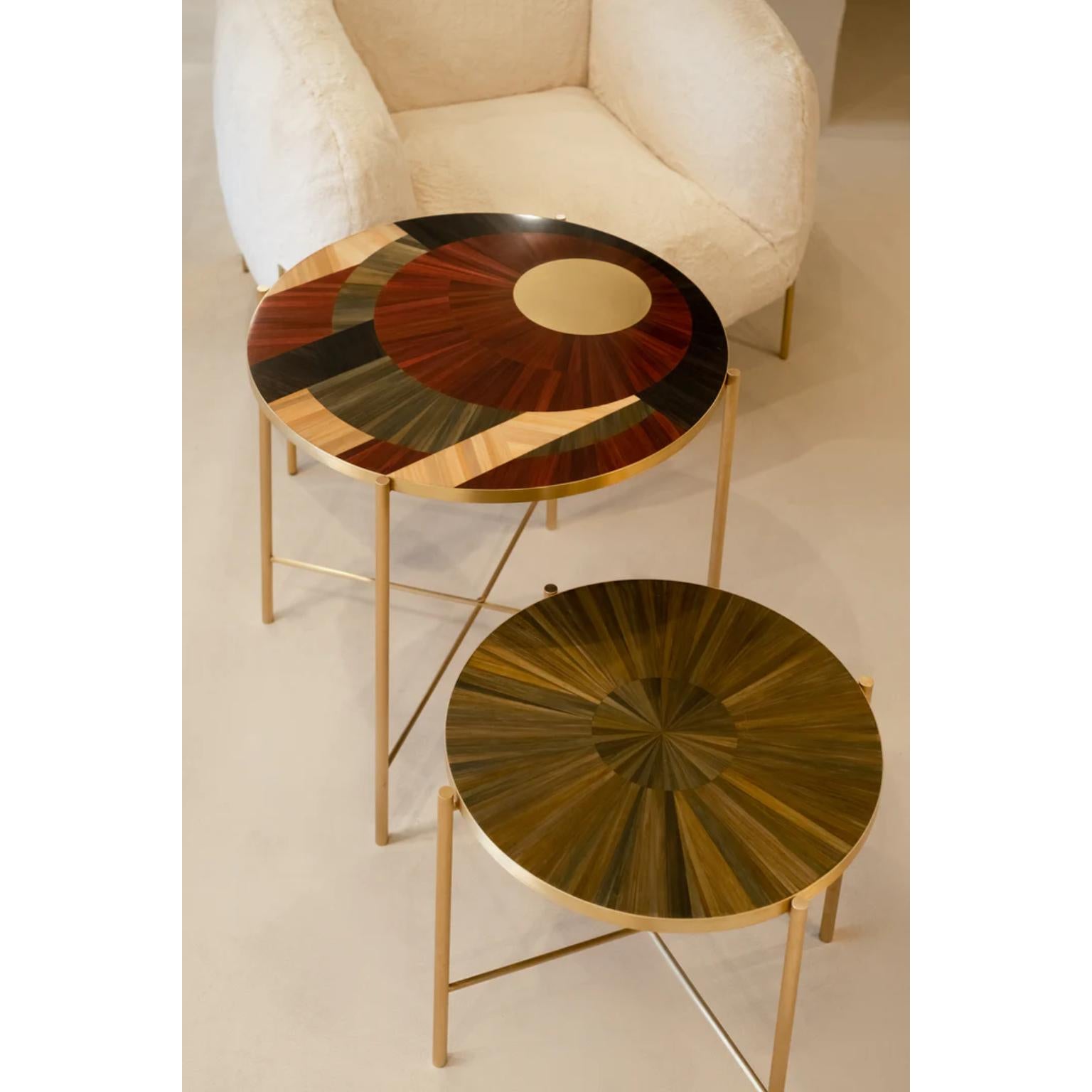 Set Of 2 Solomia 1 Coffee Tables by Ruda Studio
Dimensions: Big Table: Ø 70 x H 40 cm.
Small Table: Ø 45 x H 55 cm.
Materials: Plywood, rye straw inlay and brass.
Weight: 10 kg.

Dimensions are customizable. Available in different color