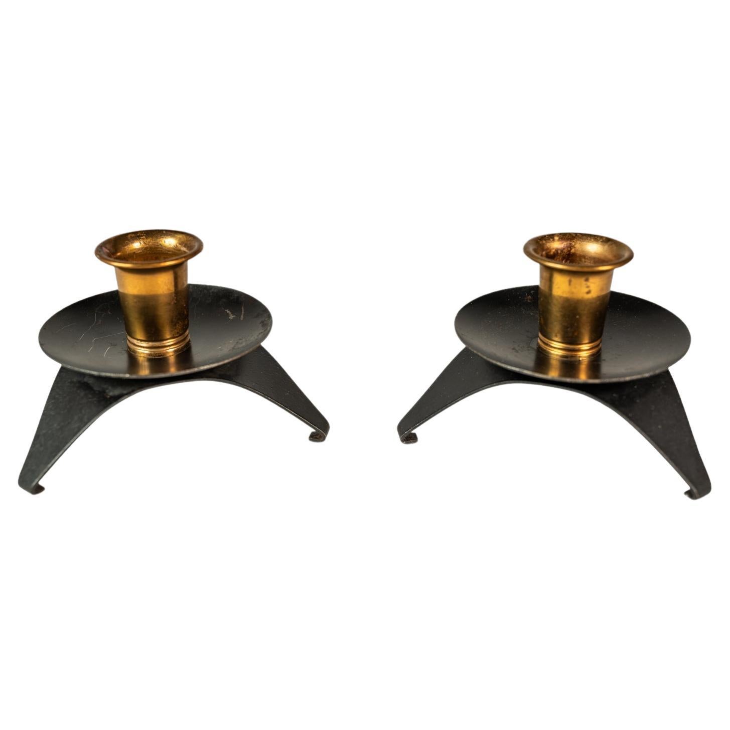 Set of 2 Space Age Atomic Era Low Profile Metal Candlestick Holders, USA, 1960s For Sale