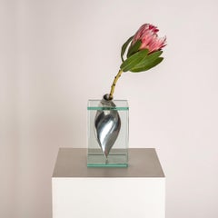 Set of 2 Space Age Flower glass and metal vases design by Lisa Mori, Italy 1980s