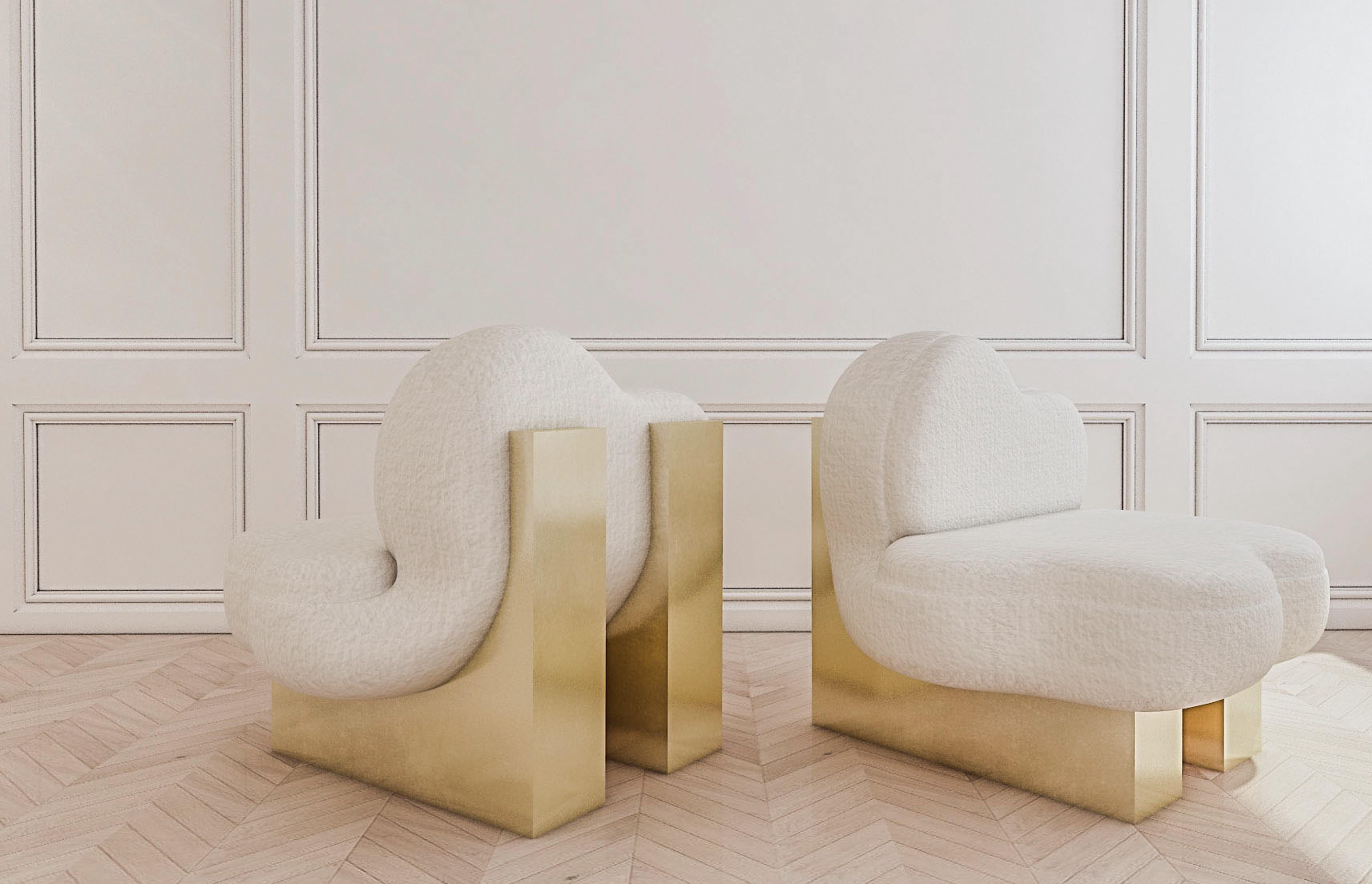Set of 2 splash lounge chair by Melis Tatlicibasi.
Materials: Velvet or boucle upsholery, natural wood, painted brass or silver

Dimensions: D 80 x W 70 x H 87 cm.

I Melis Tatlicibasi form Turkey, am an Interior Designer. She graduated from
