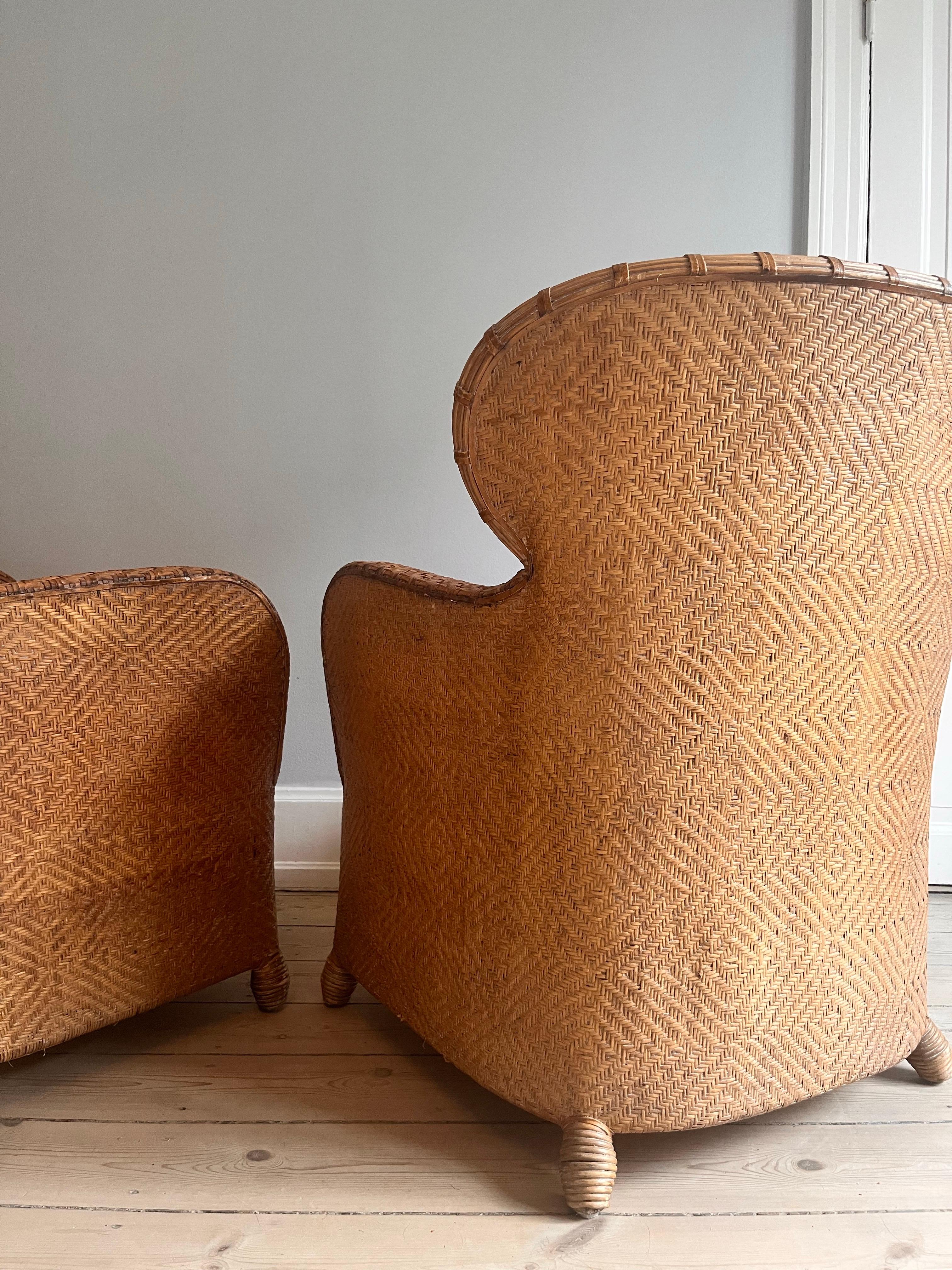 British Colonial Set of 2 Søren Lund Wicker / Leather lounge chairs For Sale
