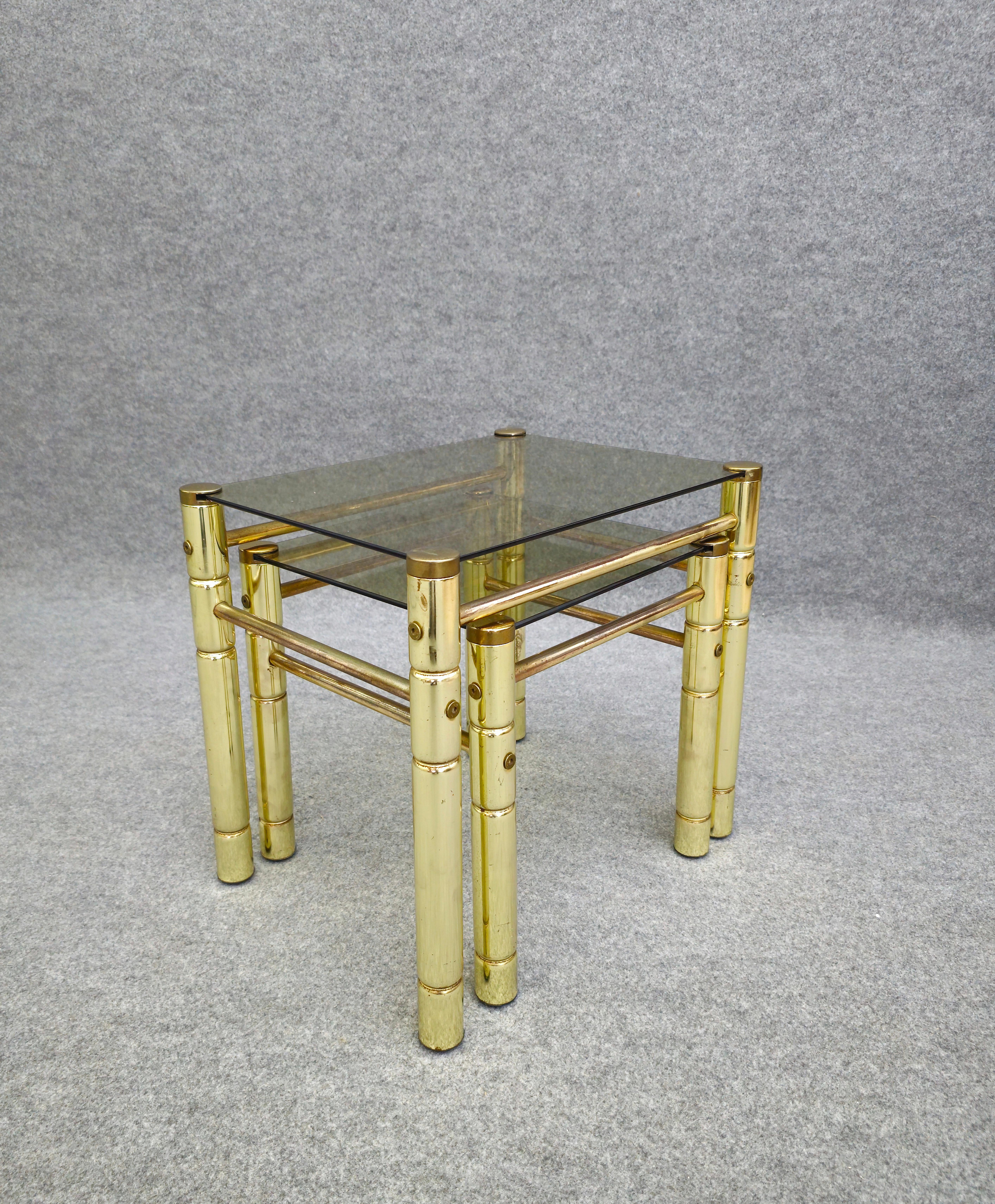Metal Set of 2 Stackable Coffee Tables With Smoked Glass Top in Mid-Century Italy 70s For Sale