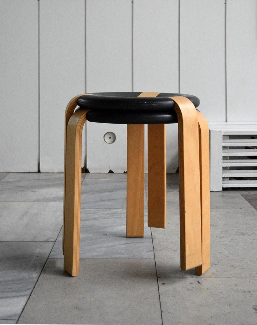 Set of 2 rare Scandinavian stackable stools designed by Rud Thygesen and Johnny Sørensen for Magnus Olesen in the 1970s, Denmark.

These unique donut-shaped stools are made from oak wood and each features a black painted oak circular seat with 3