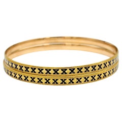 Set of 2 Stacking Bangle Bracelets Blue Enamel 'X' Design 22 Karat Yellow Gold